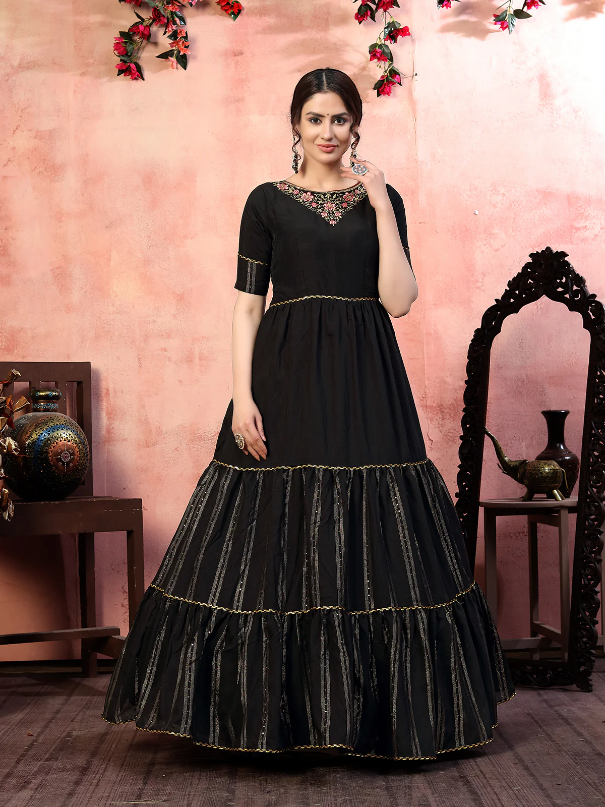 Odette Women Designer Black Silk Semi Stitched Gown - Image 3