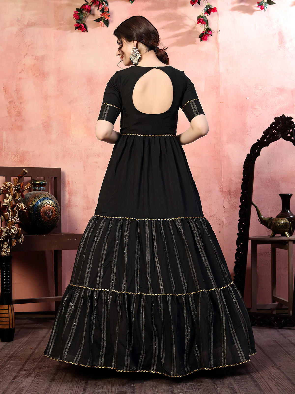 Odette Women Designer Black Silk Semi Stitched Gown - Image 4