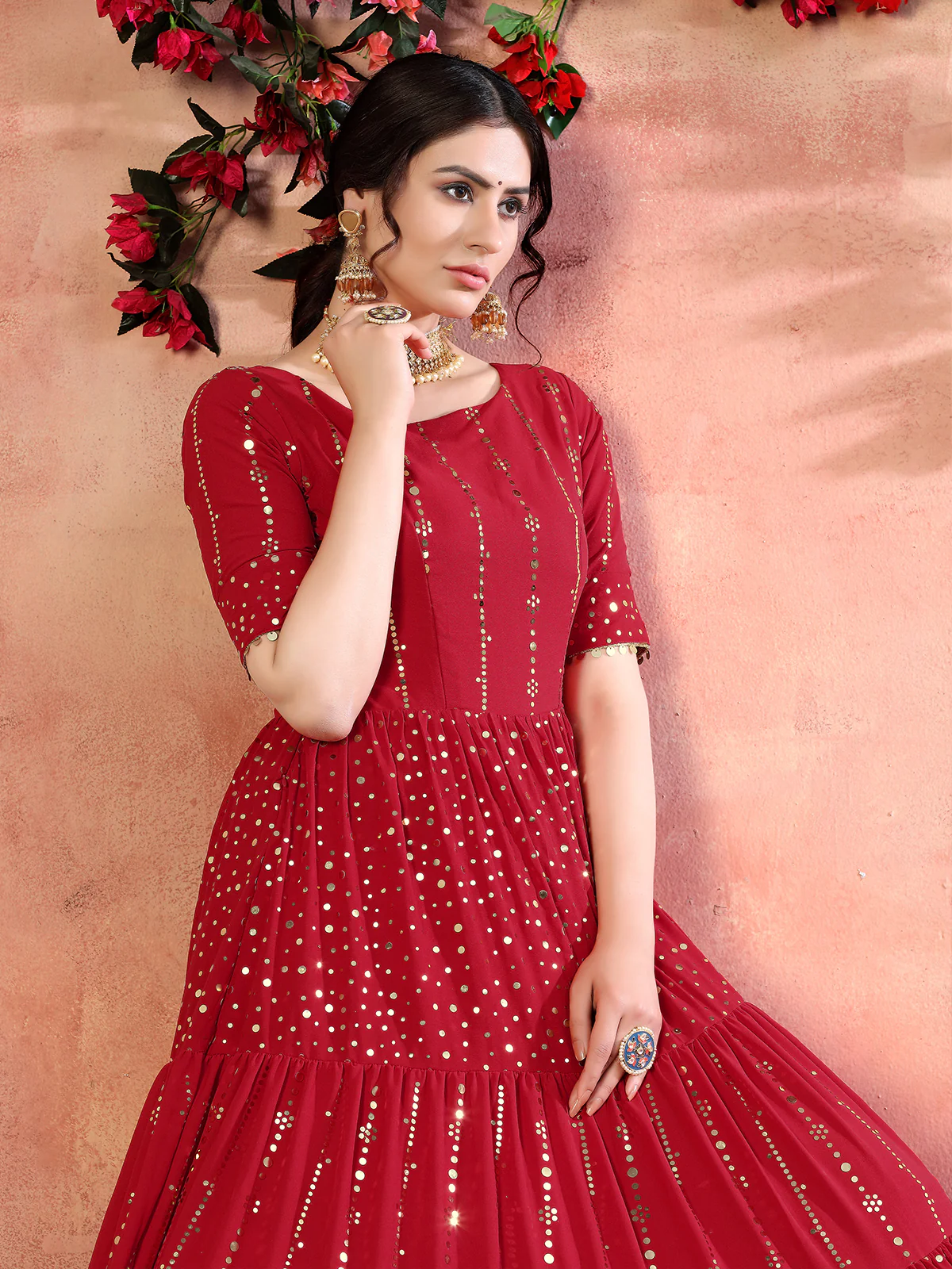 Odette Women Designer Red Silk Semi Stitched Gown - Image 3