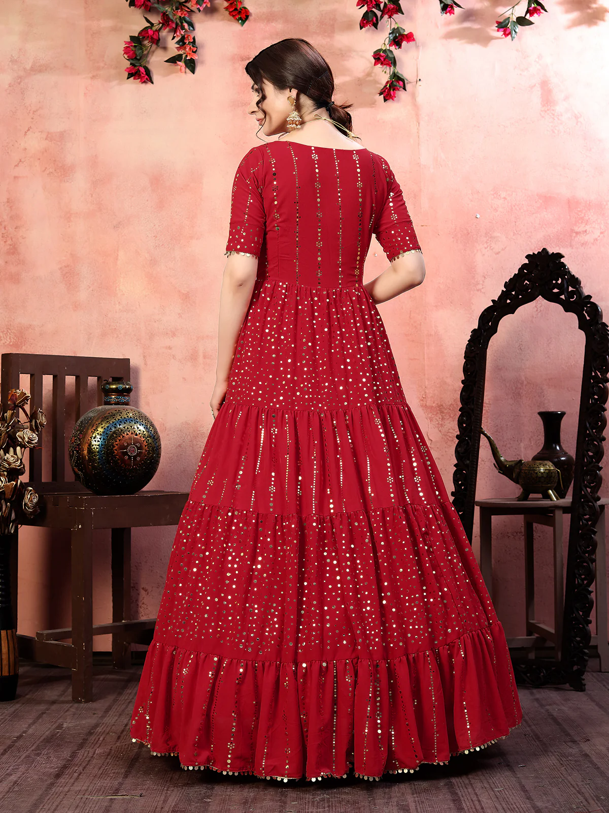 Odette Women Designer Red Silk Semi Stitched Gown - Image 4