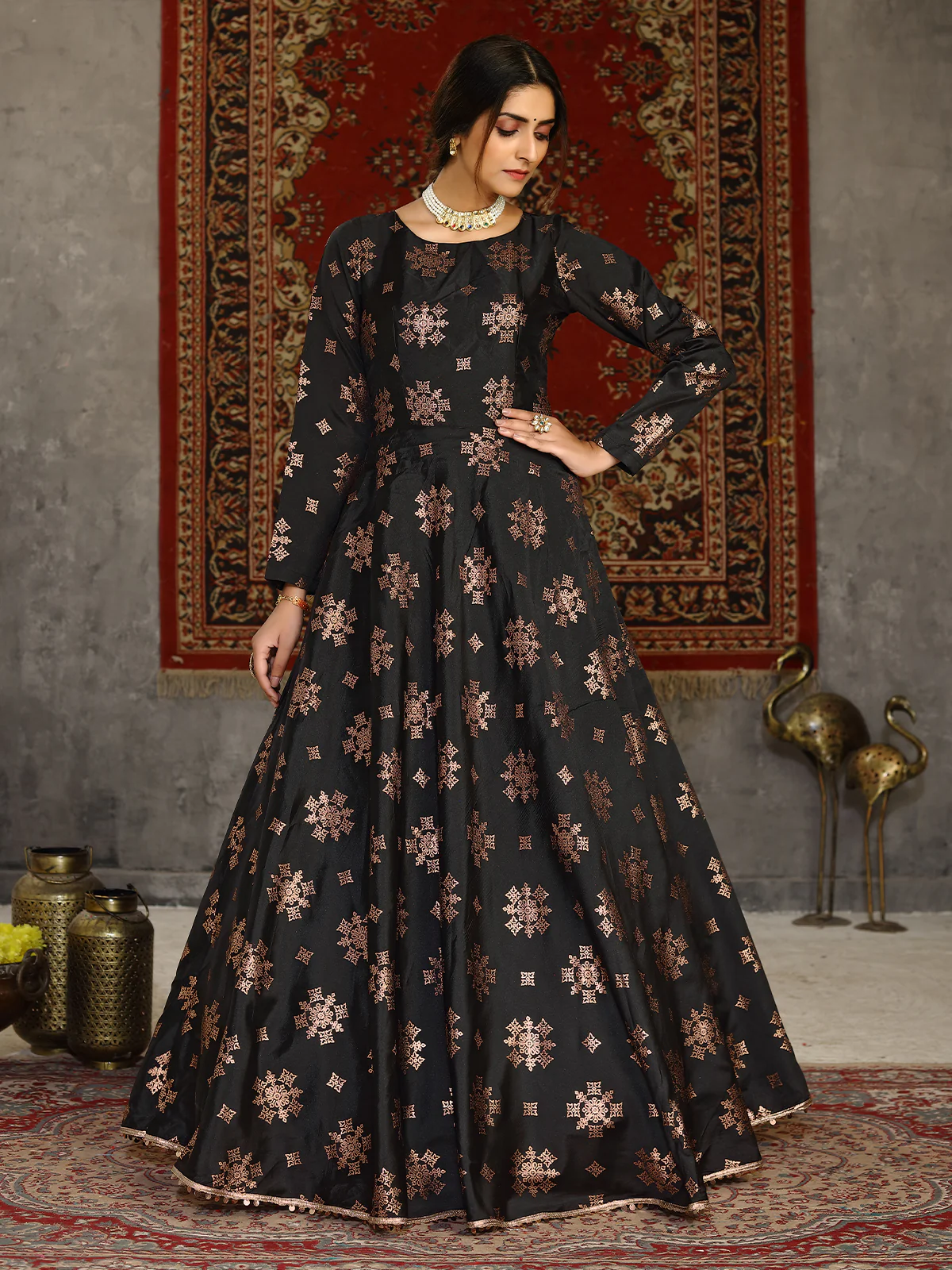 Odette Women Designer Black Taffeta Semi Stitched Gown - Image 3