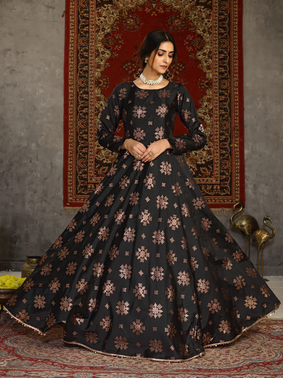 Odette Women Designer Black Taffeta Semi Stitched Gown - Image 4