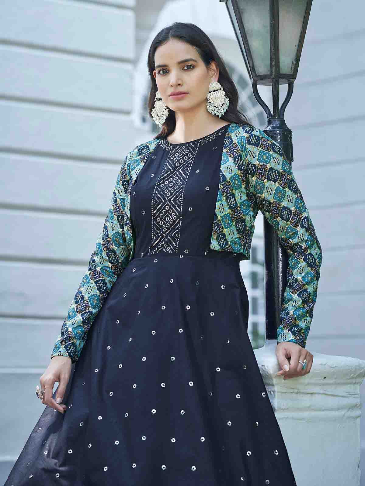 Odette Women Designer Blue Cotton Semi Stitched Gown - Image 3
