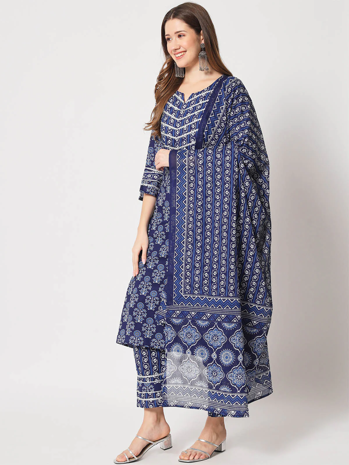 Odette Women Designer Dark Blue Cotton Printed Stitched Kurta Set - Image 3