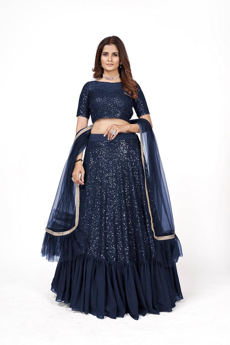Odette Women Designer Dark Blue Georgette Semi Stitched Lehenga With Unstitched Blouse - Image 2