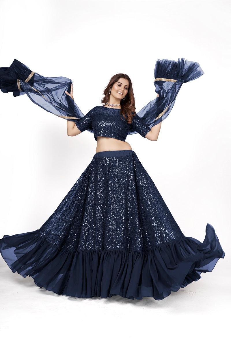 Odette Women Designer Dark Blue Georgette Semi Stitched Lehenga With Unstitched Blouse - Image 3