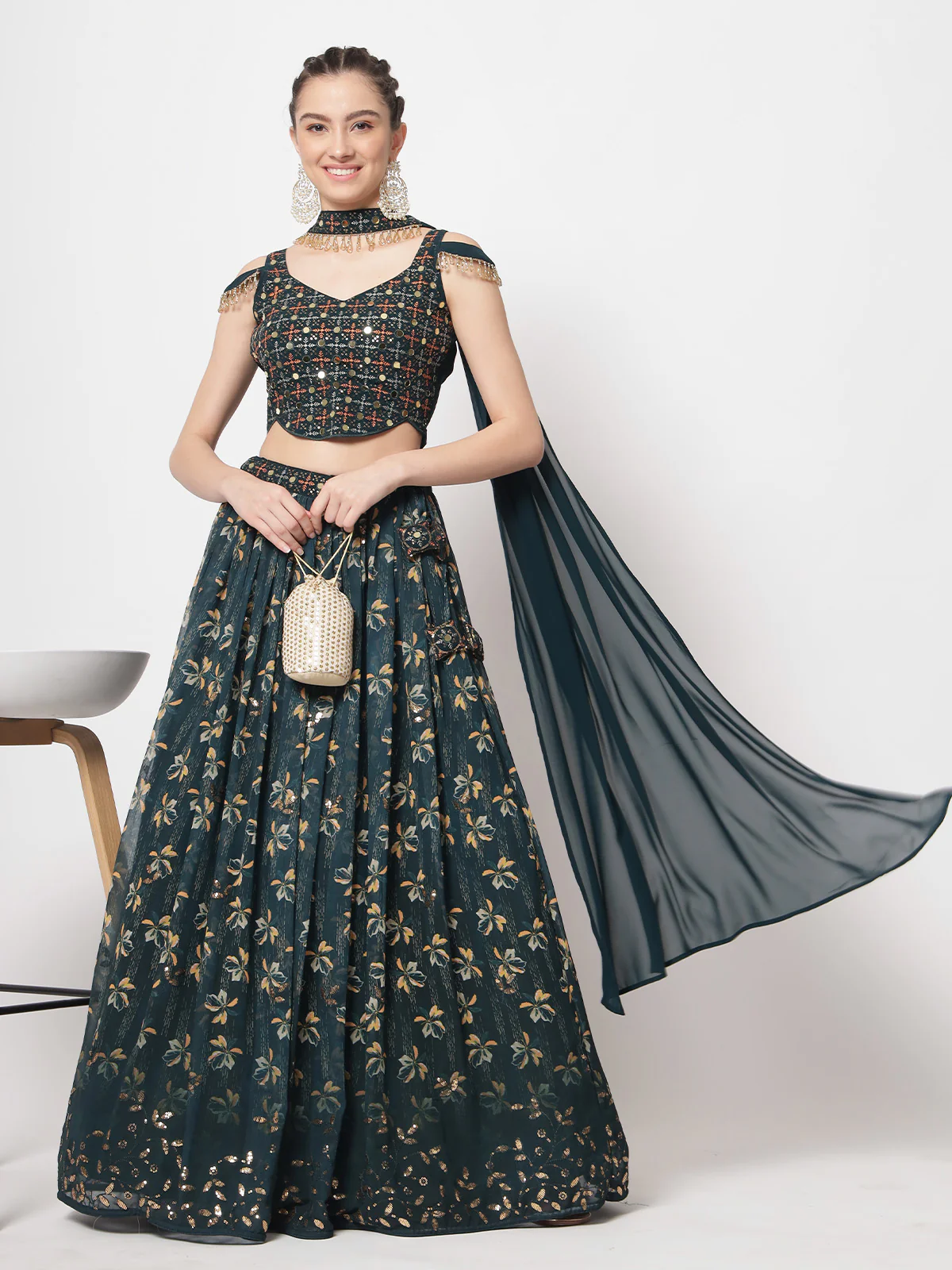 Odette Women Designer Dark Green Georgette Printed Semi Stitched Lehenga With Unstitched Blouse