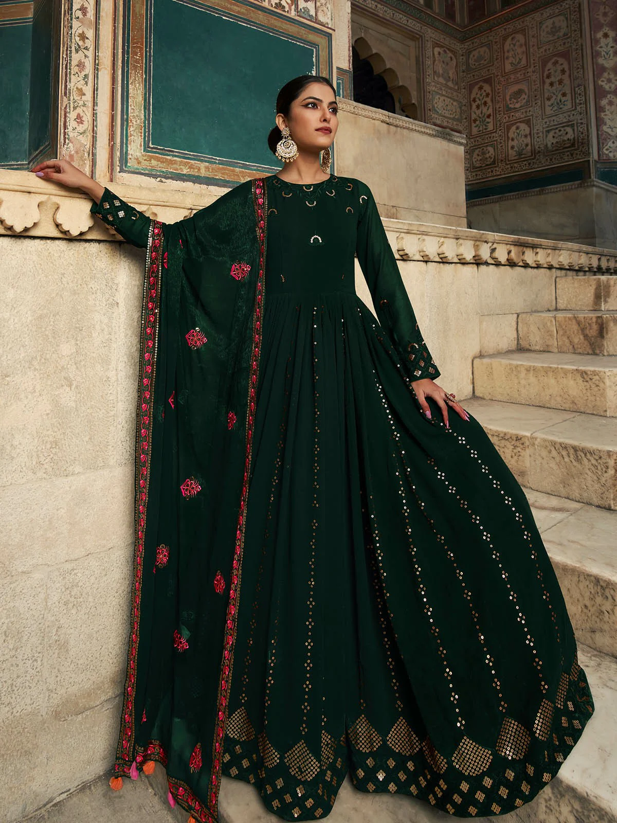 Odette Women Designer Dark Green Georgette Semi Stitched Gown