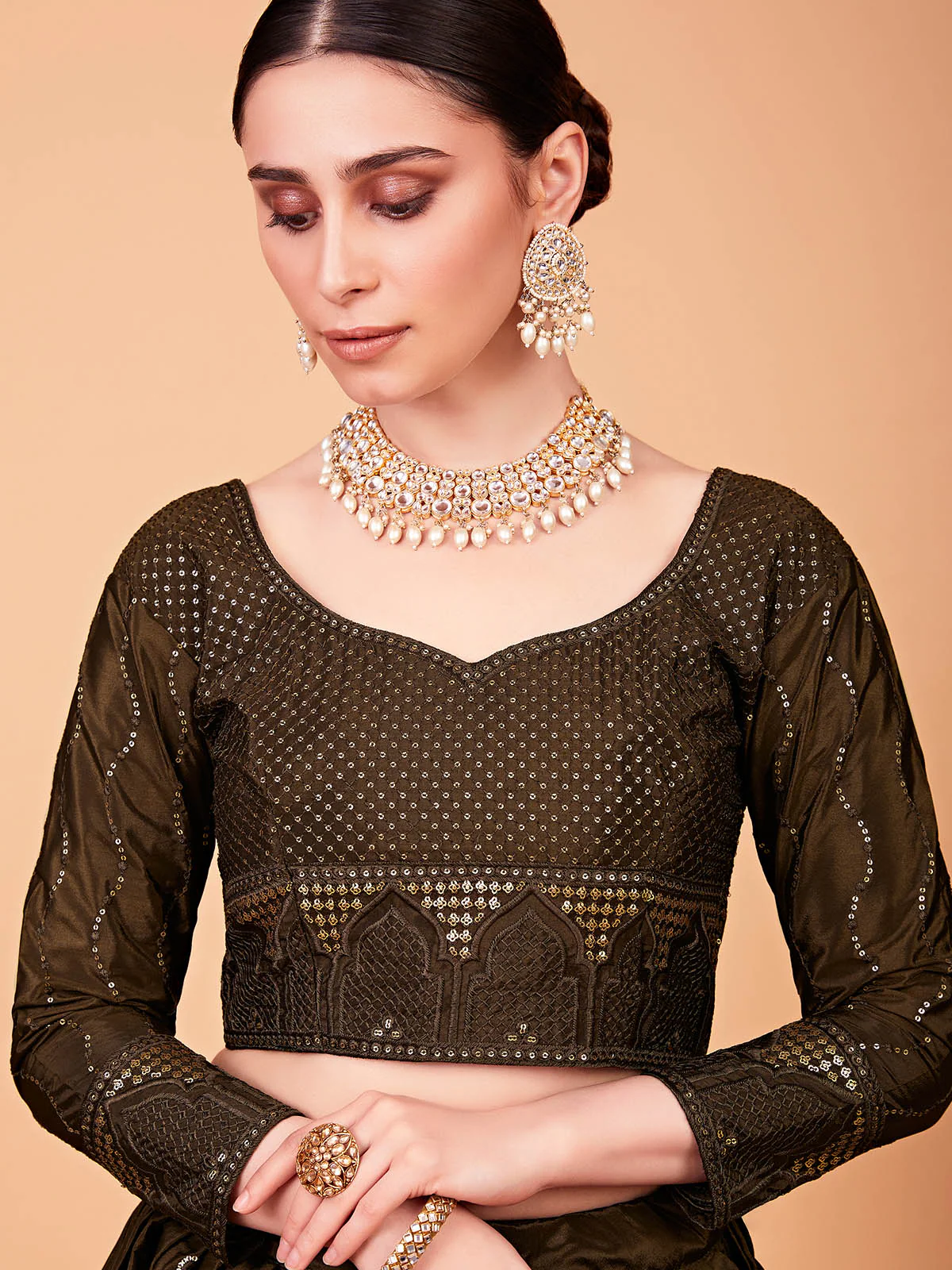 Odette Women Designer Olive Green Silk Blend Semi Stitched Lehenga With Unstitched Blouse - Image 3