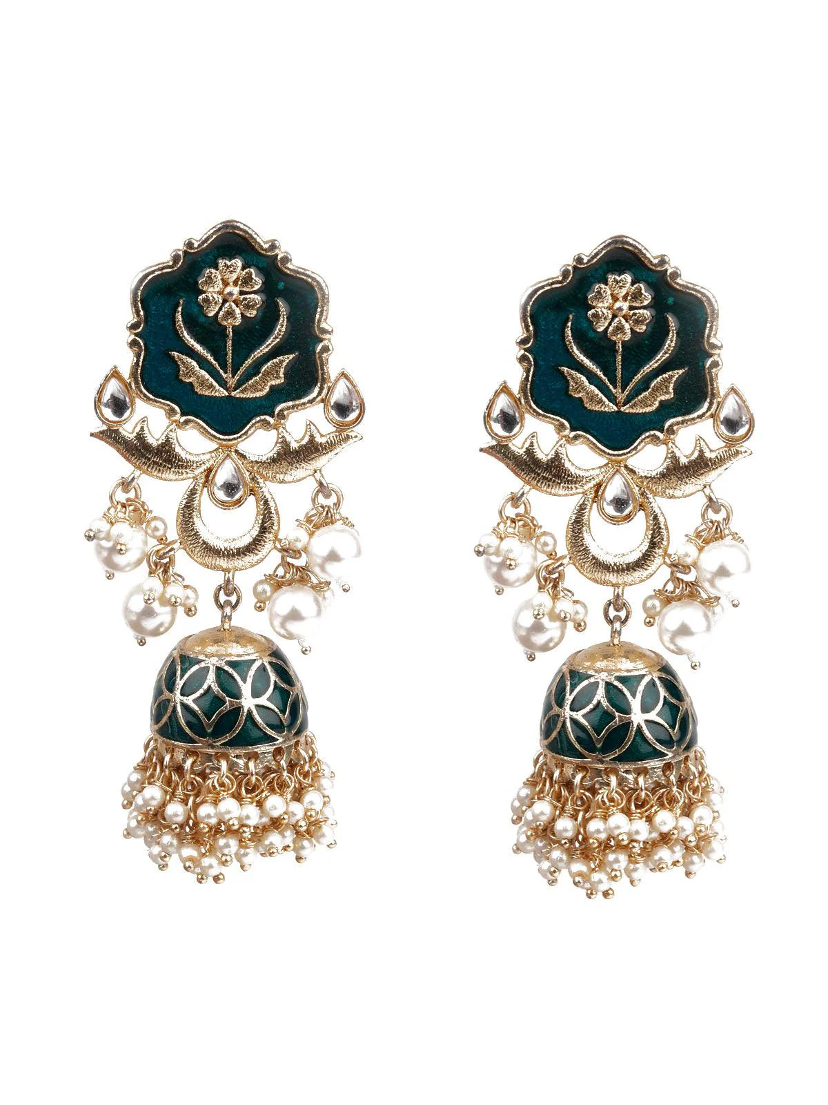Odette Women Designer Green And Gold Dangle Jhumki Earrings - Image 2