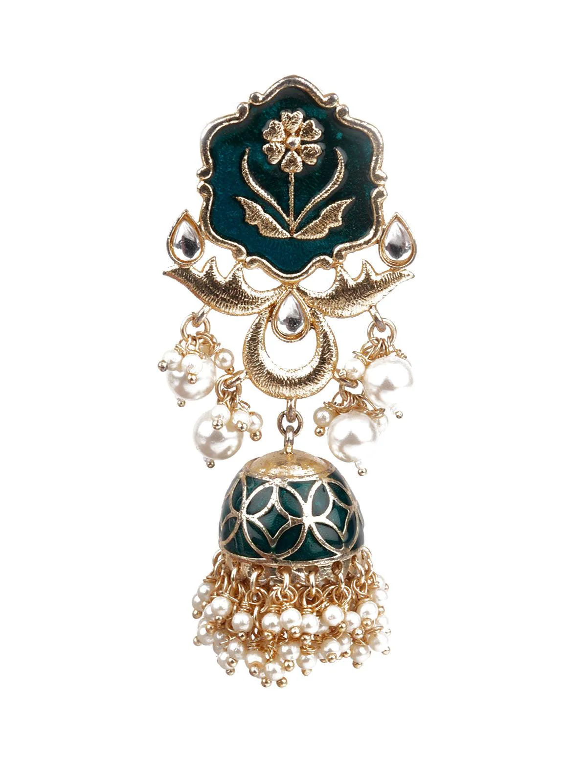 Odette Women Designer Green And Gold Dangle Jhumki Earrings - Image 3