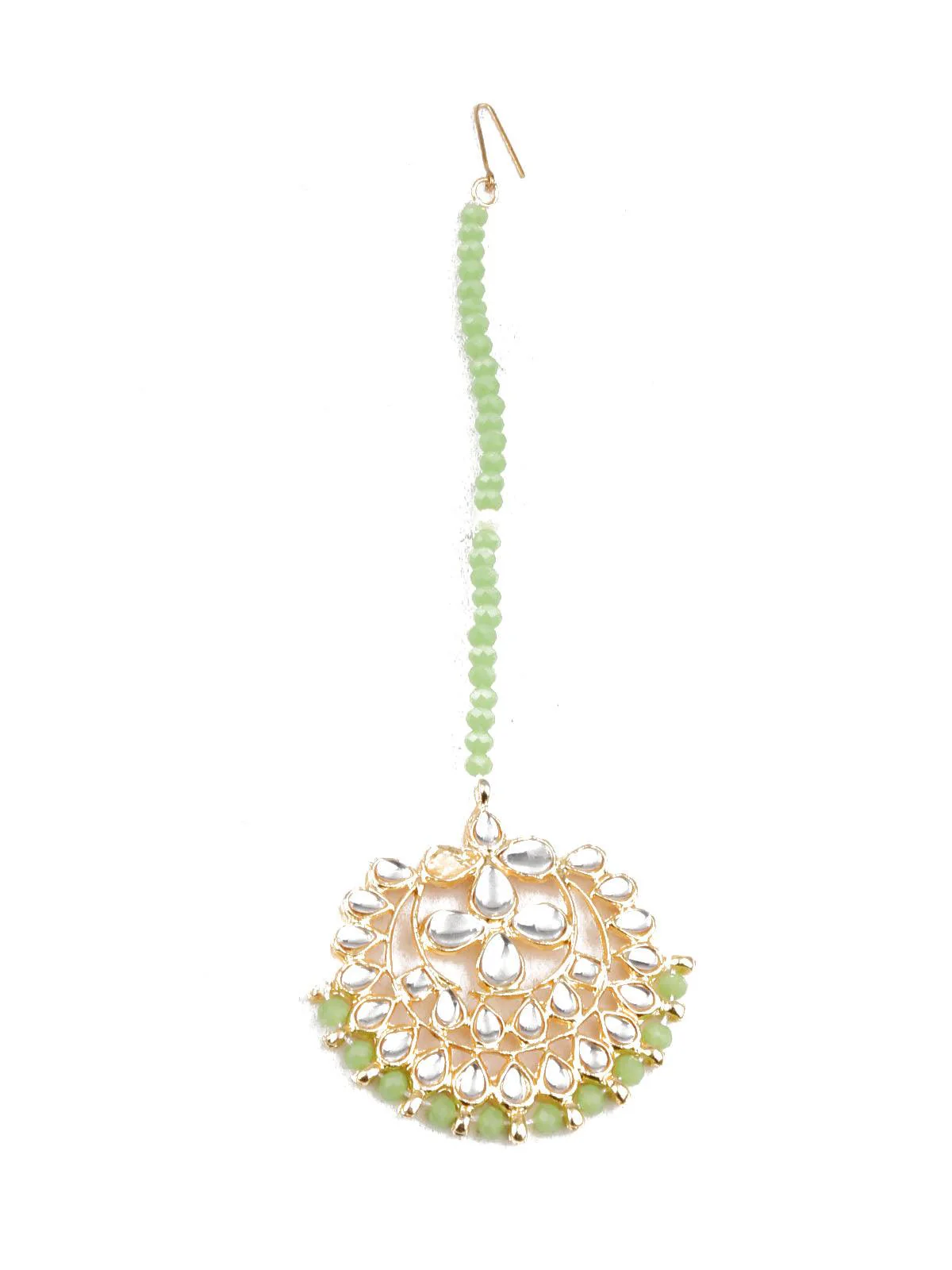 Odette Women Designer Green And Gold Dangler Earrings And Mangtika - Image 3