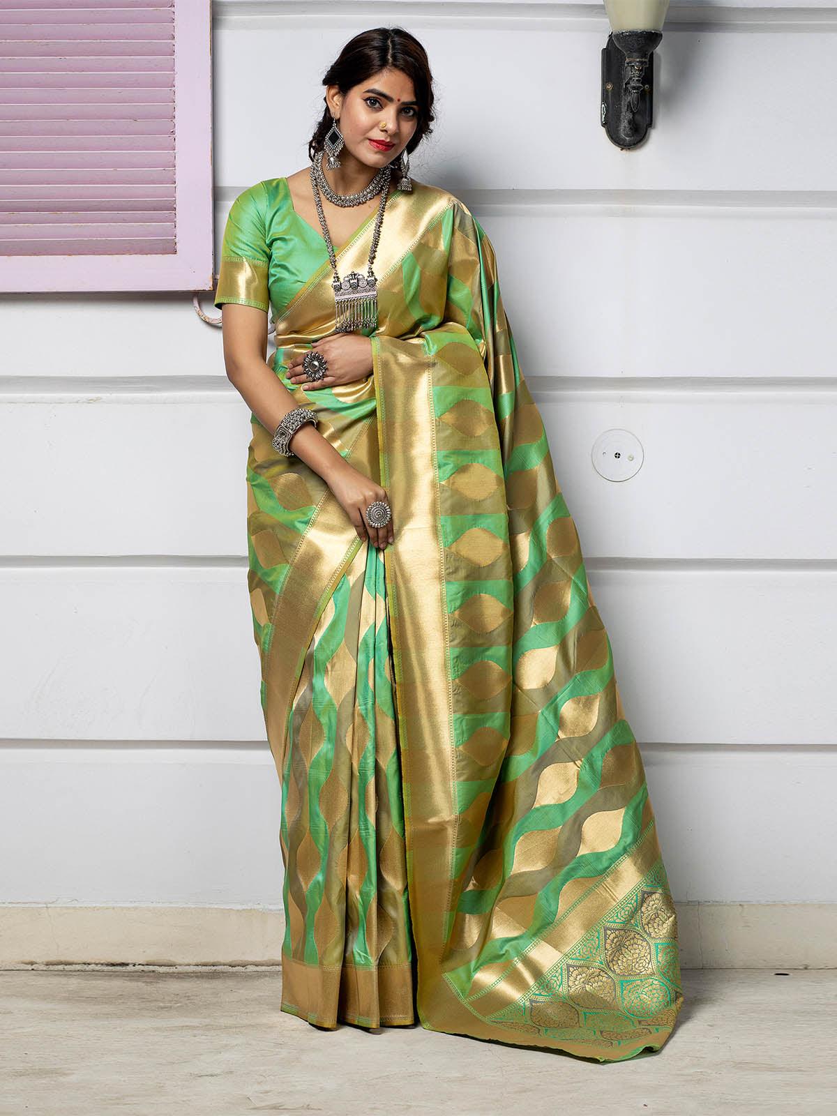 Odette Women Designer Green Banarasi Silk Saree With Unstitched Blouse - Image 3