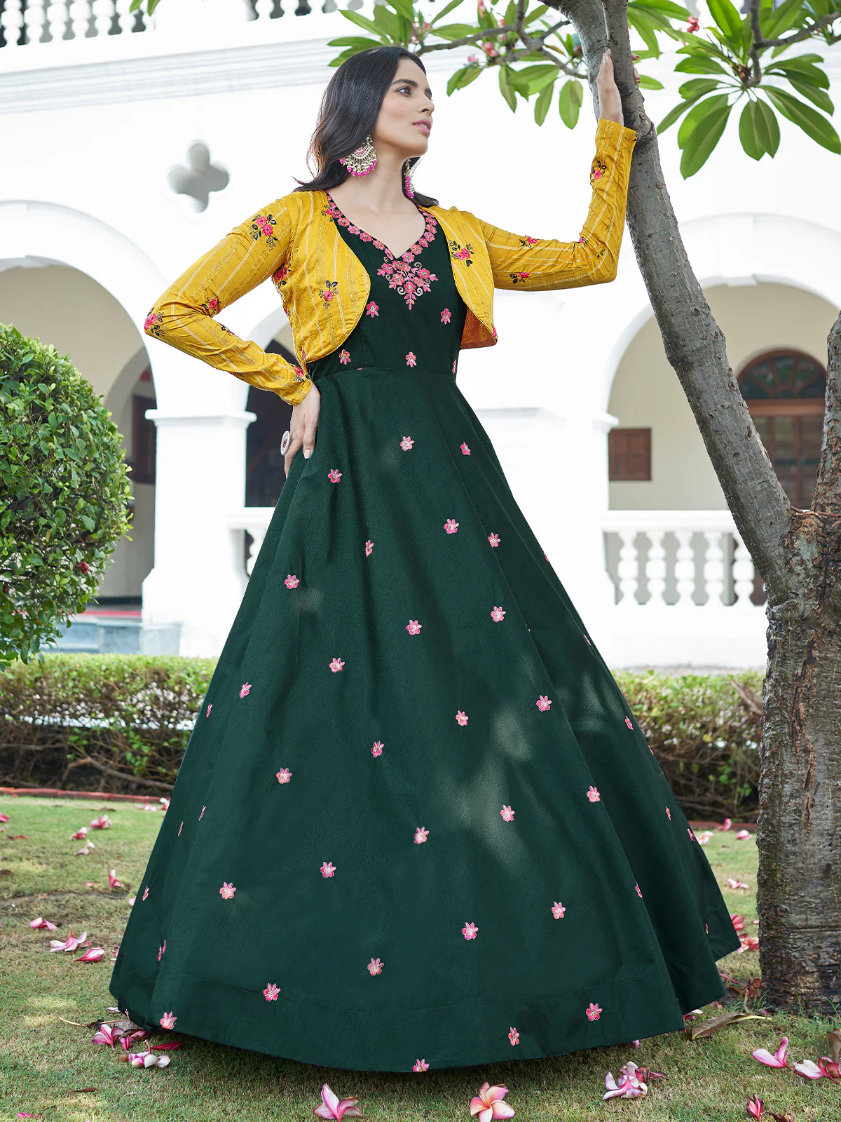 Odette Women Designer Green Cotton Semi Stitched Gown - Image 2