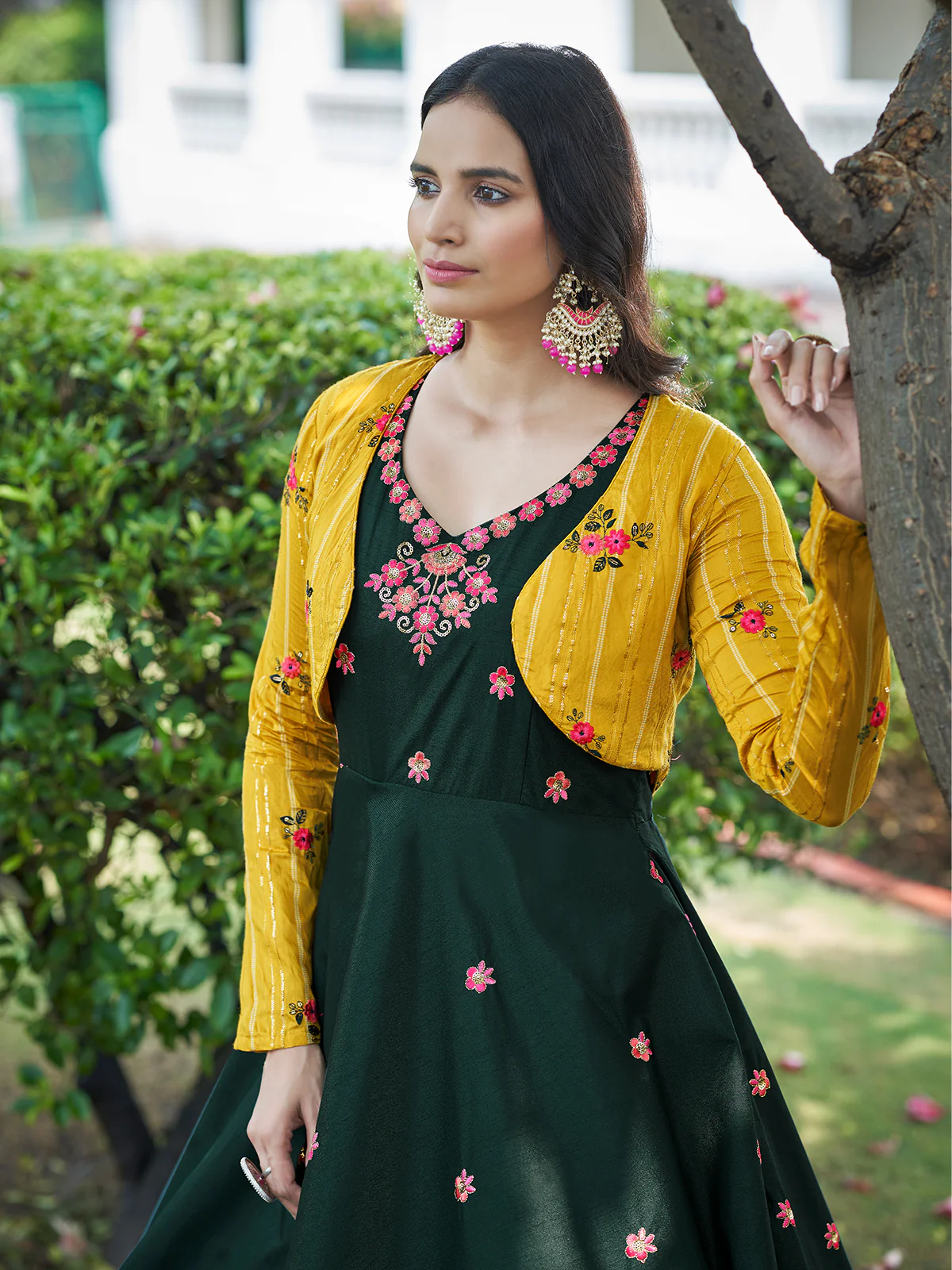 Odette Women Designer Green Cotton Semi Stitched Gown - Image 3