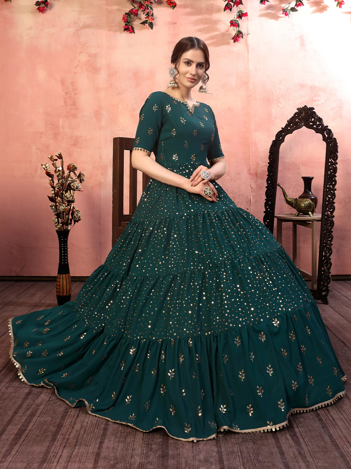 Odette Women Designer Green Georgette Semi Stitched Gown - Image 4