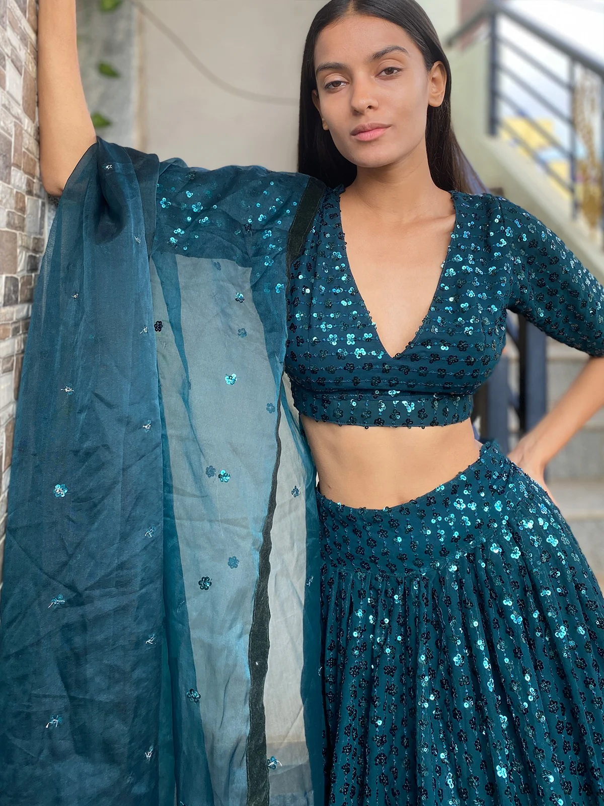Odette Women Designer Green Georgette Semi Stitched Lehenga With Unstitched Blouse - Image 3