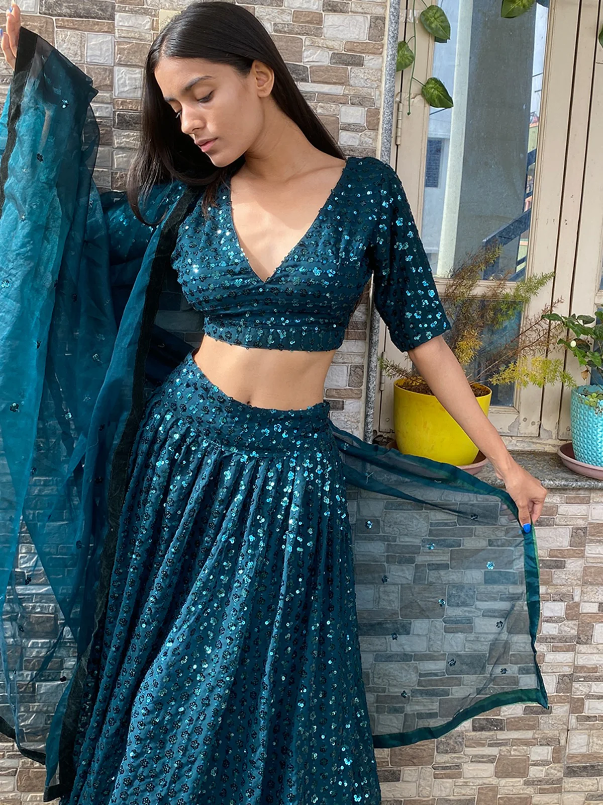 Odette Women Designer Green Georgette Semi Stitched Lehenga With Unstitched Blouse - Image 4
