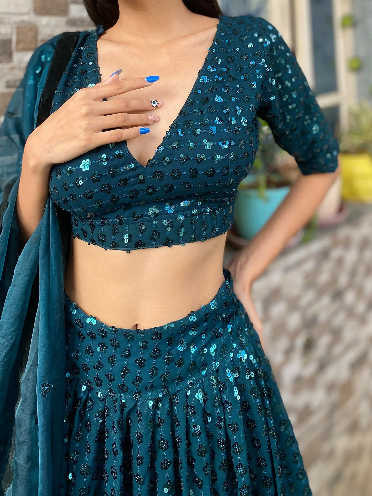 Odette Women Designer Green Georgette Semi Stitched Lehenga With Unstitched Blouse - Image 5