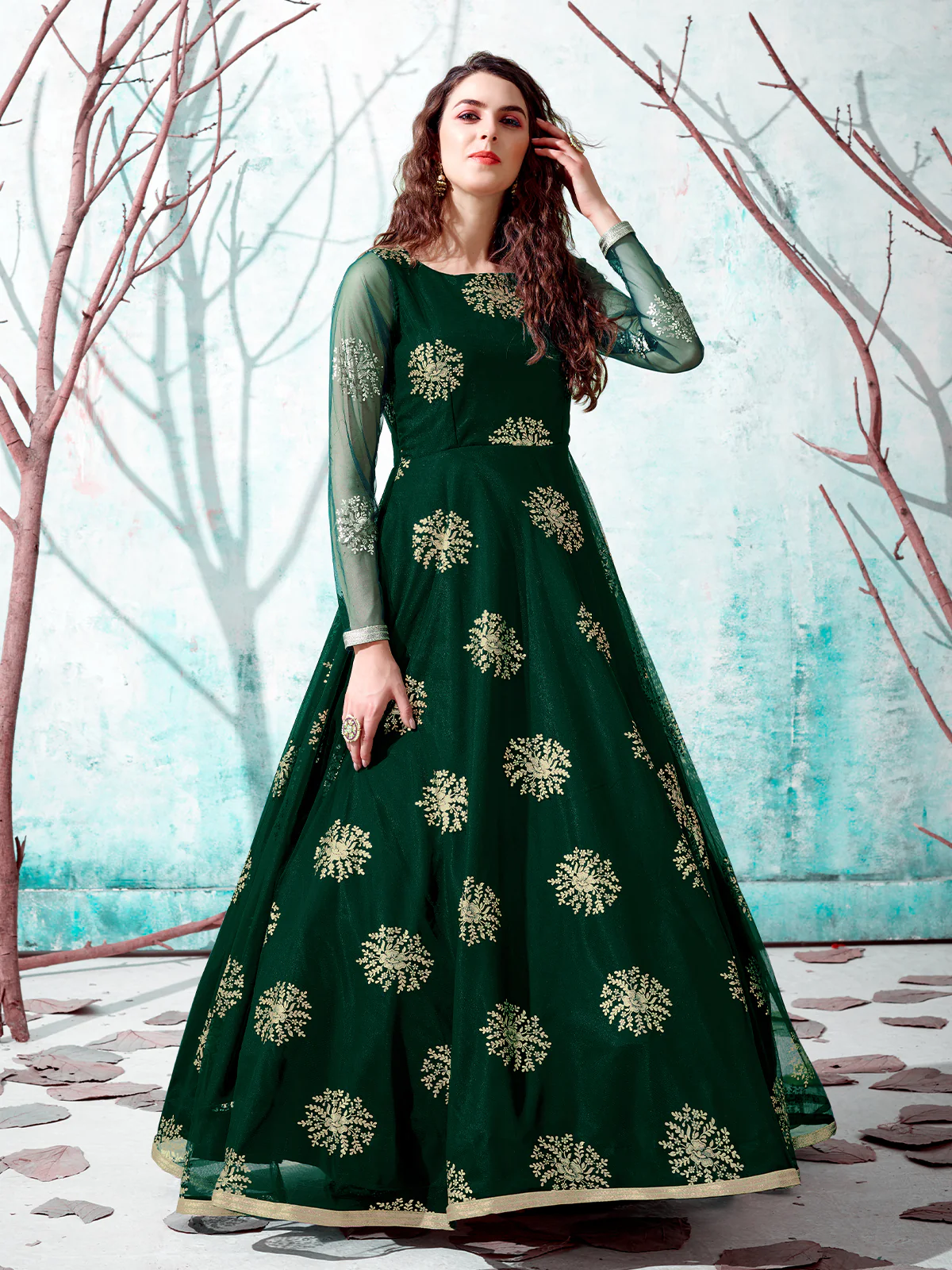 Odette Women Designer Green Net Semi Stitched Gown - Image 2