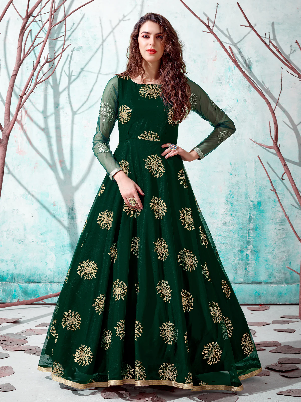 Odette Women Designer Green Net Semi Stitched Gown - Image 4