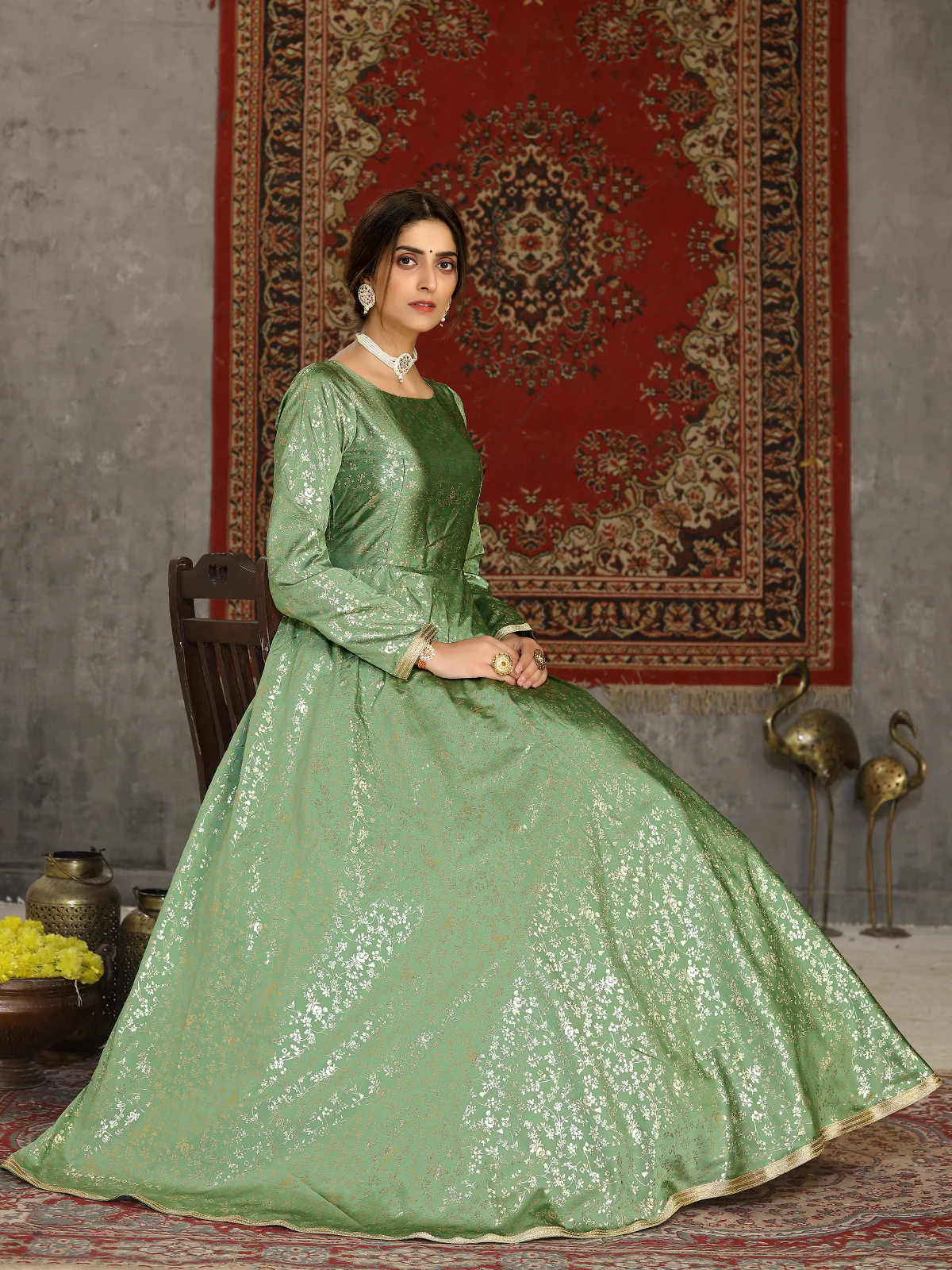 Odette Women Designer Green Taffeta Semi Stitched Gown - Image 3