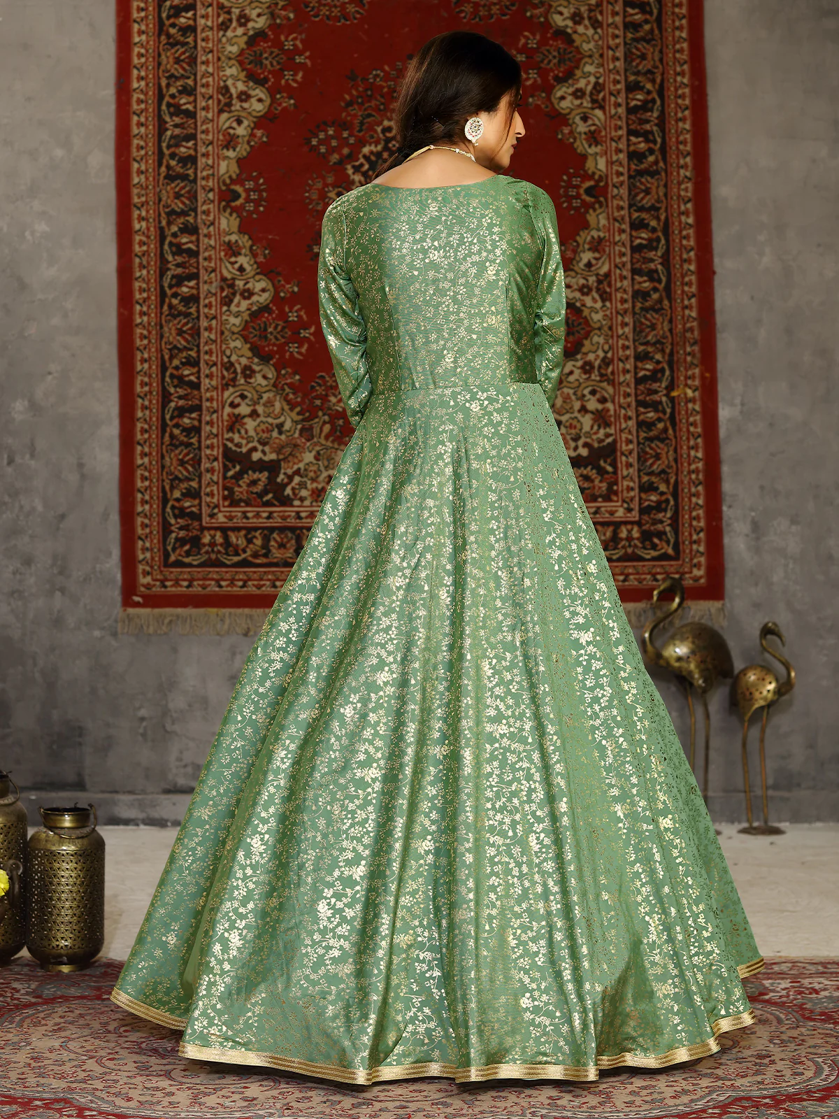 Odette Women Designer Green Taffeta Semi Stitched Gown - Image 4