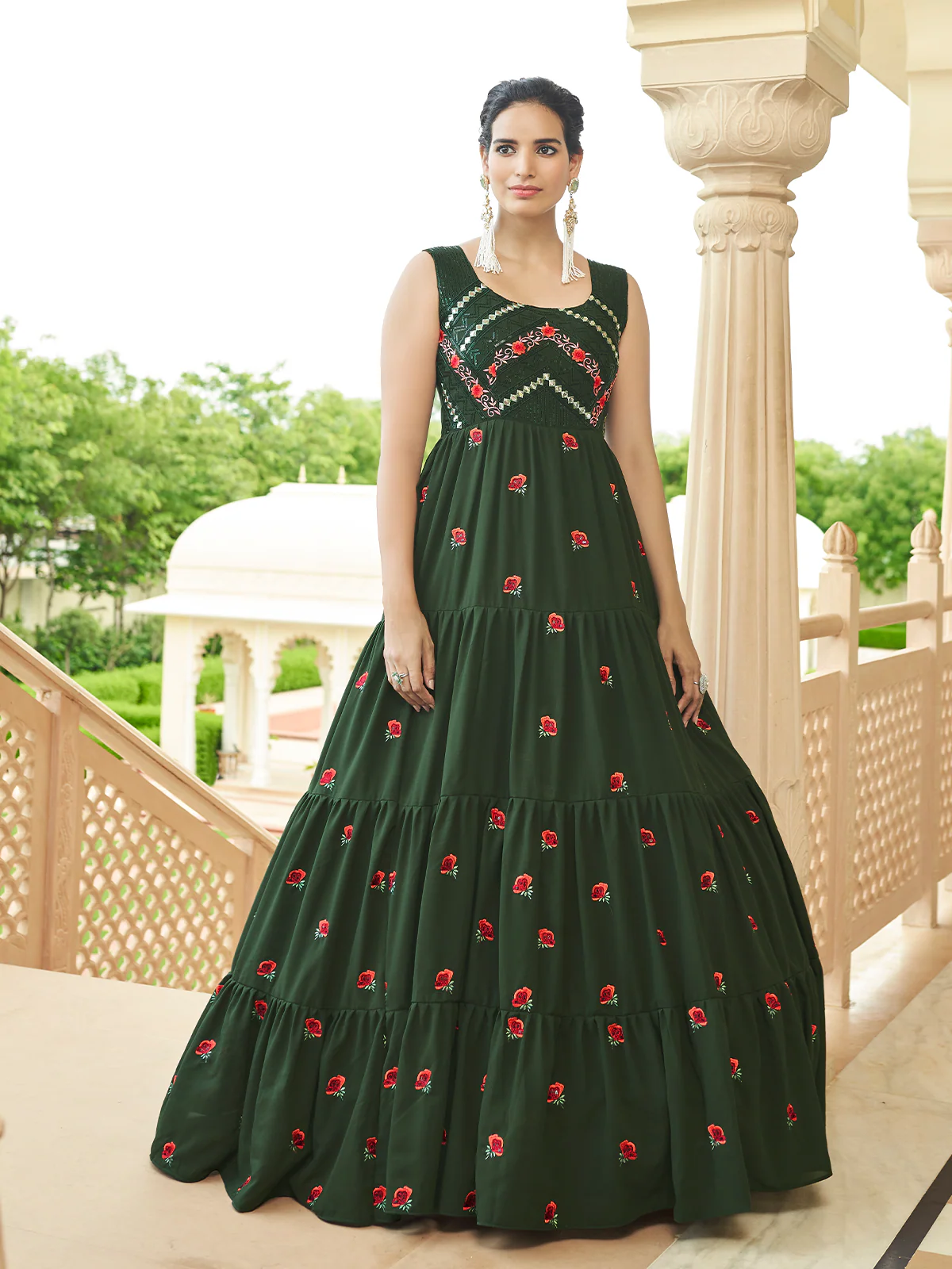 Odette Women Designer Dark Green Georgette Semi Stitched Gown - Image 2