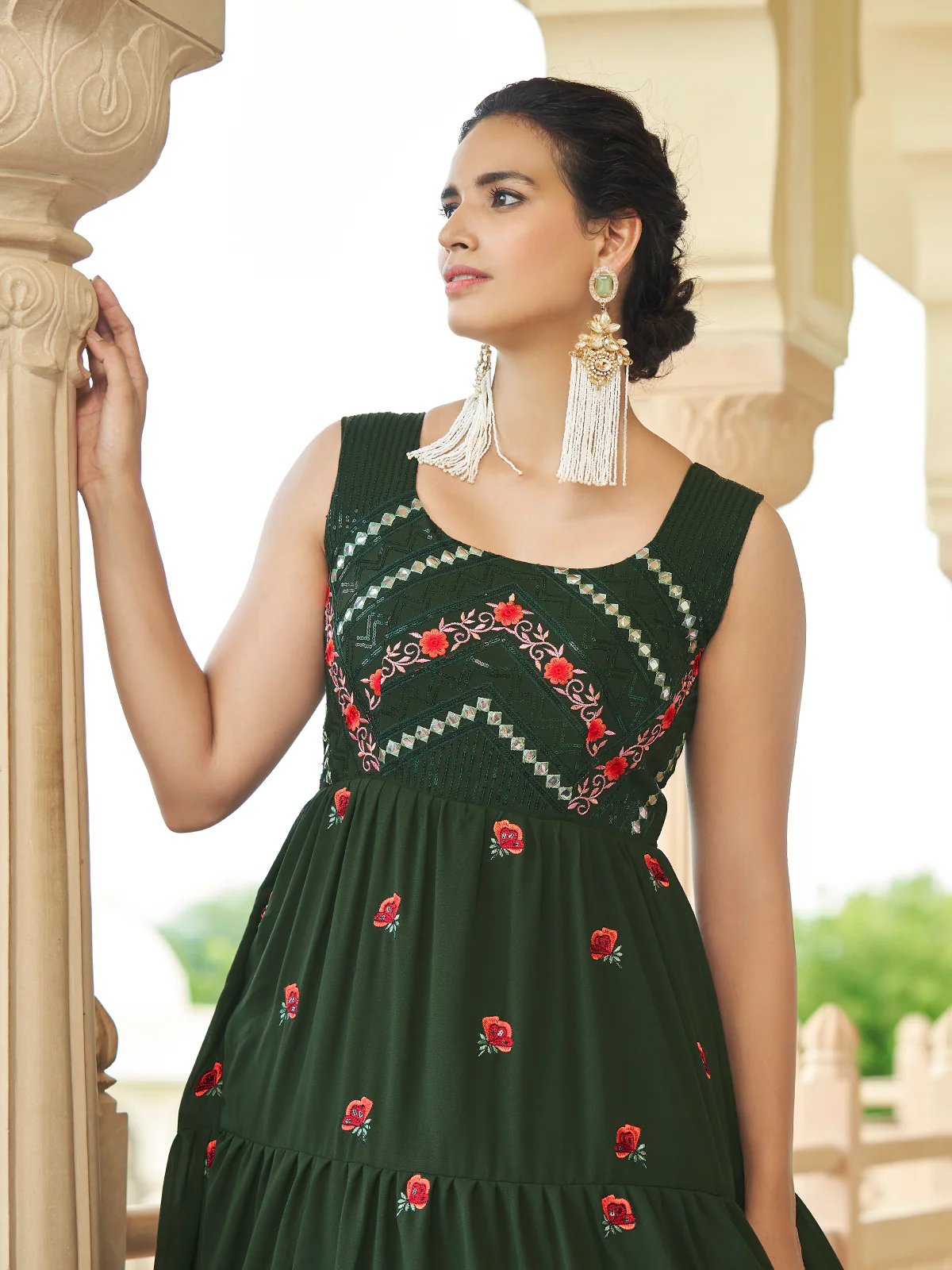 Odette Women Designer Dark Green Georgette Semi Stitched Gown - Image 3