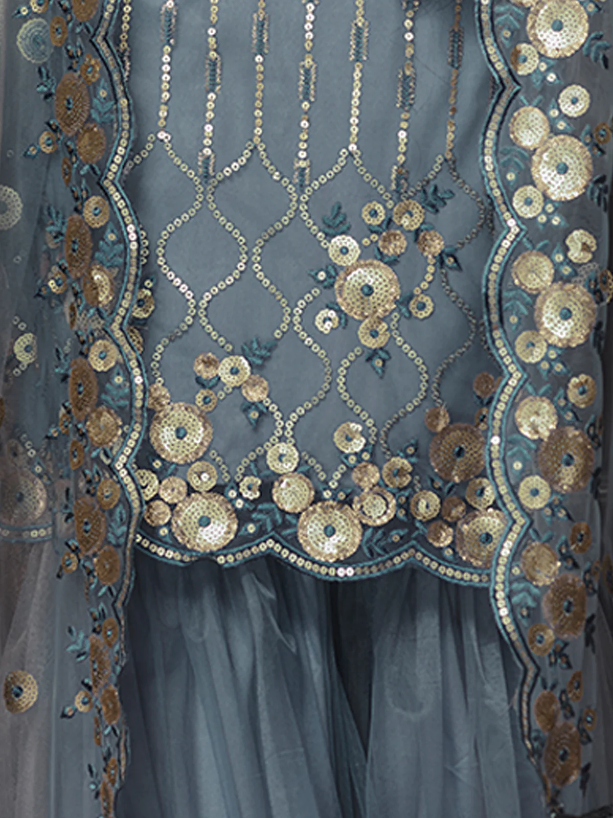 Odette Women Designer Grey Soft Net Semi Stitched Kurta Set - Image 4