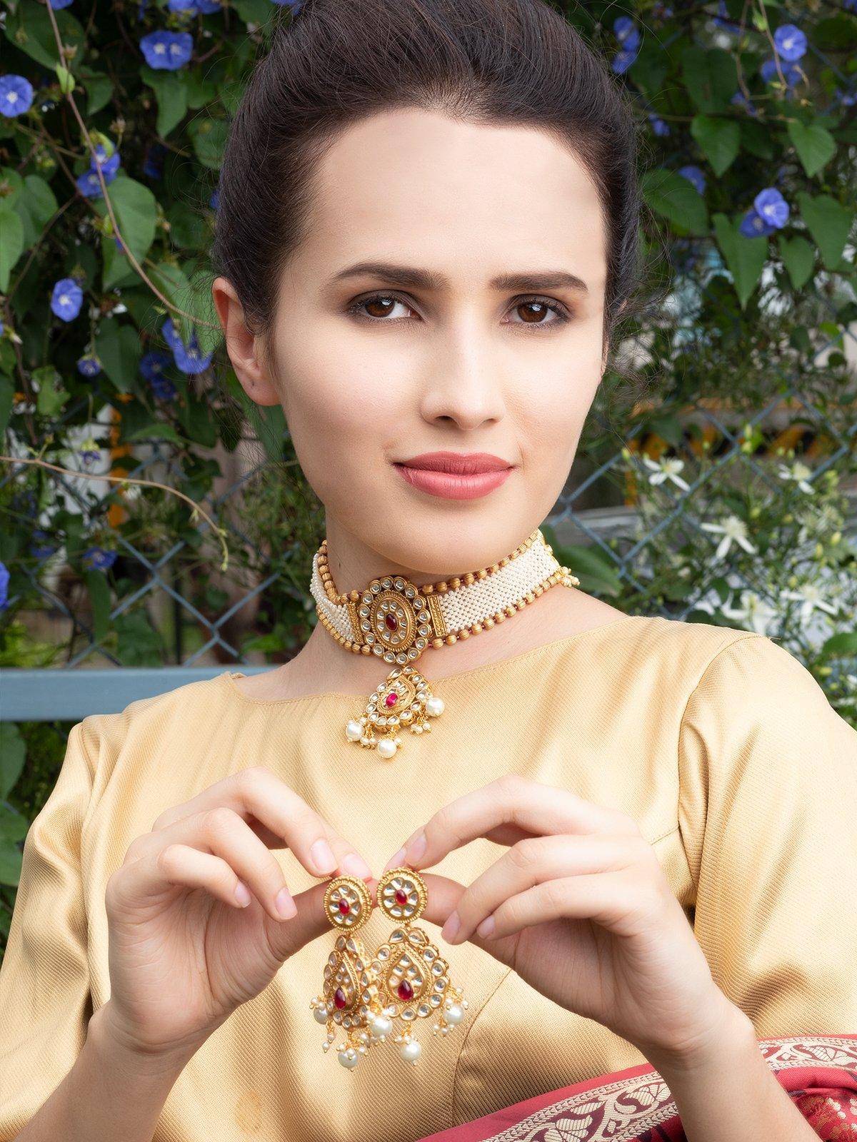 Odette Women Gold Pearl Choker Set - Image 2