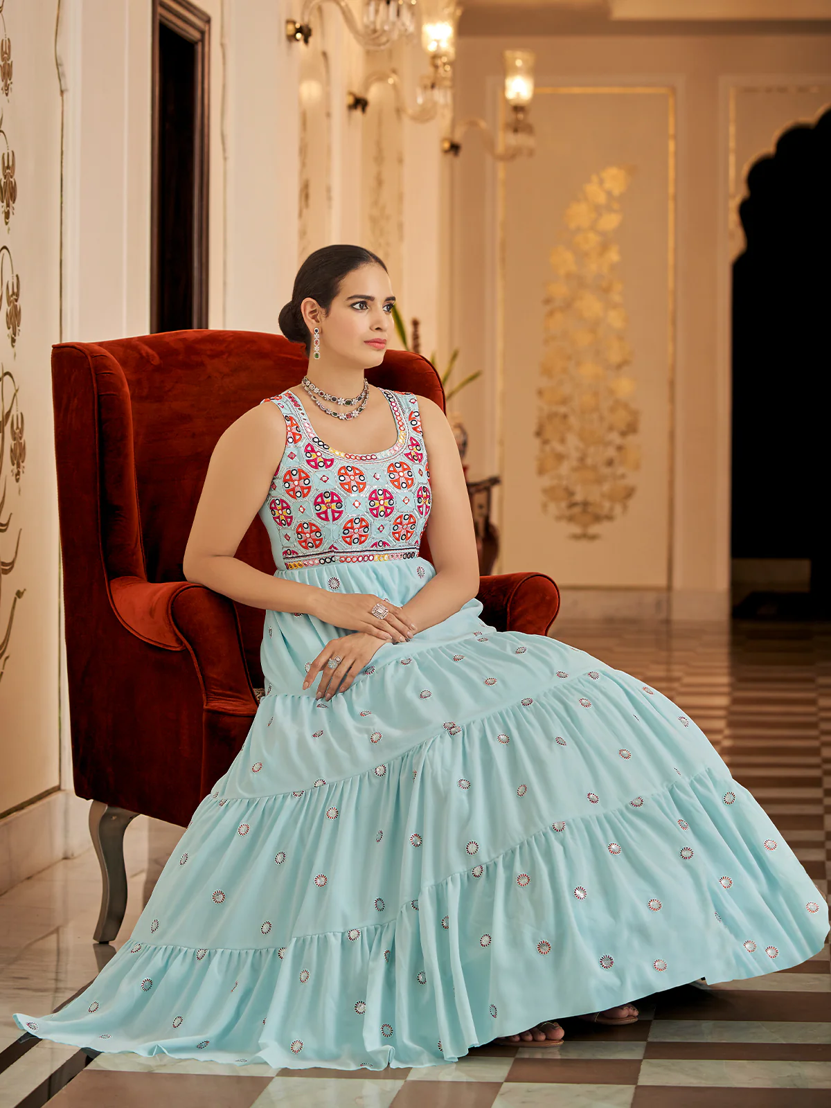 Odette Women Designer Sea Green Georgette Semi Stitched Gown