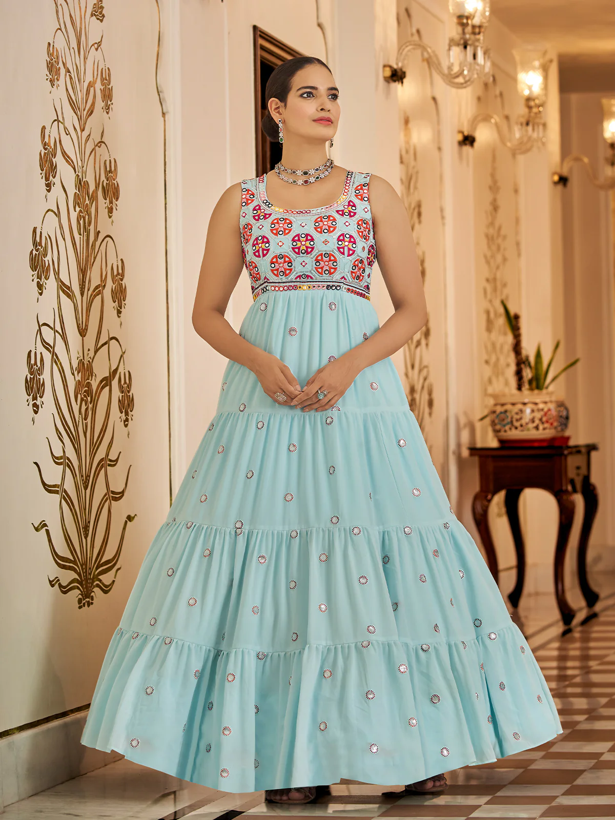 Odette Women Designer Sea Green Georgette Semi Stitched Gown - Image 2