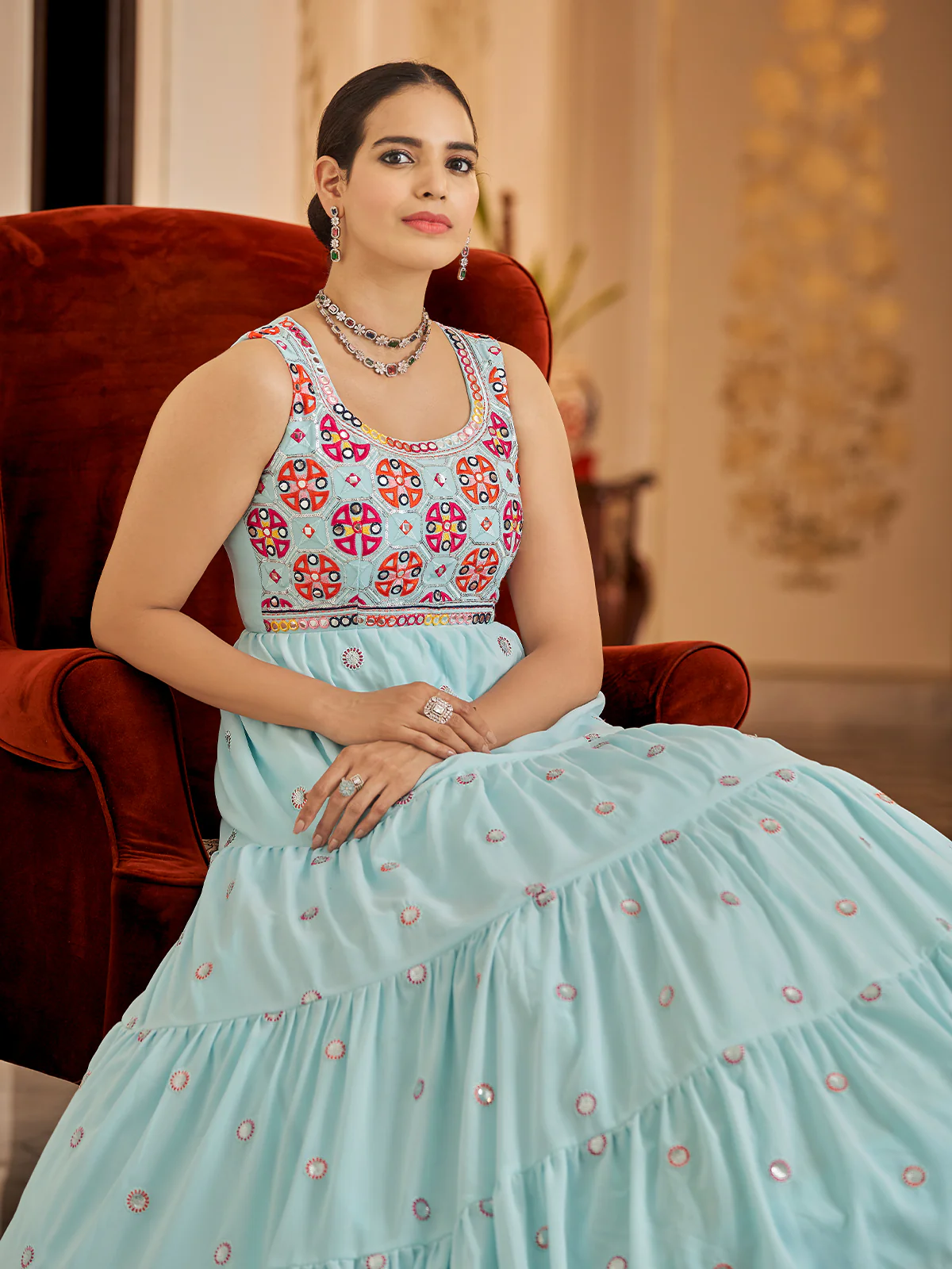 Odette Women Designer Sea Green Georgette Semi Stitched Gown - Image 3