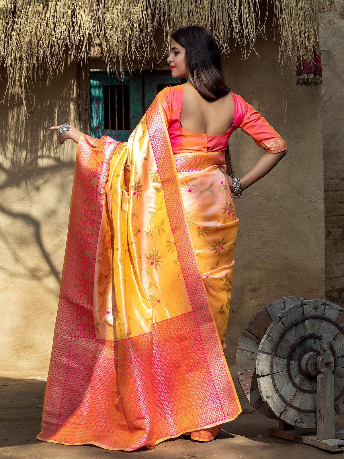 Odette Women Designer Light Orange Banarasi Silk Saree With Unstitched Blouse - Image 2
