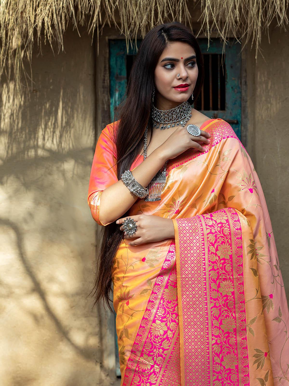 Odette Women Designer Light Orange Banarasi Silk Saree With Unstitched Blouse - Image 4