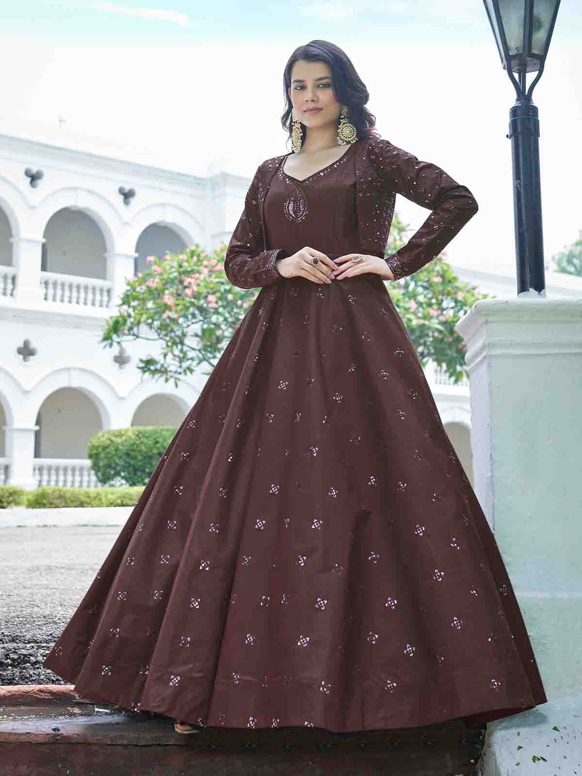 Odette Women Designer Maroon Cotton Semi Stitched Gown - Image 2