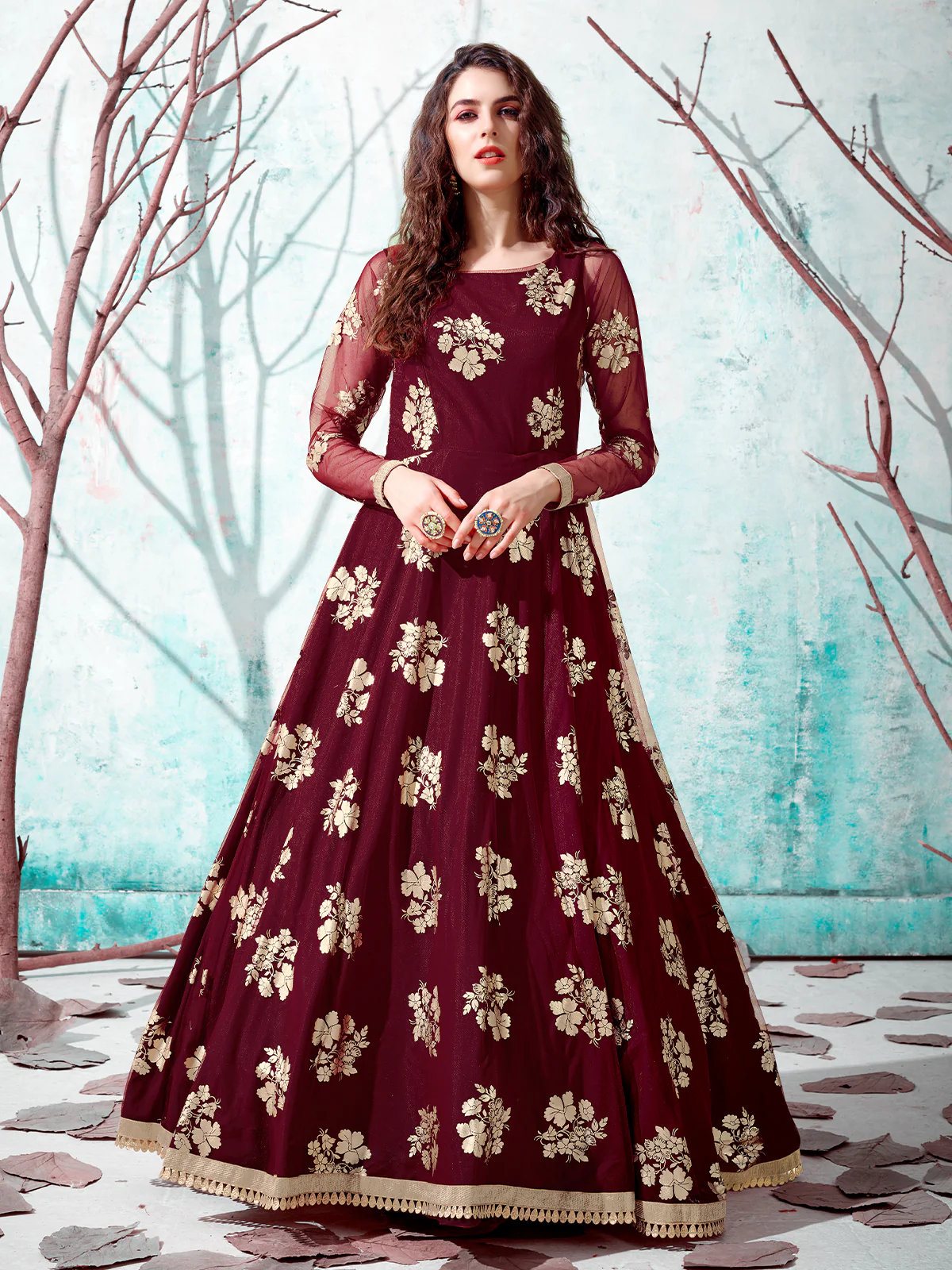 Odette Women Designer Maroon Net Semi Stitched Gown