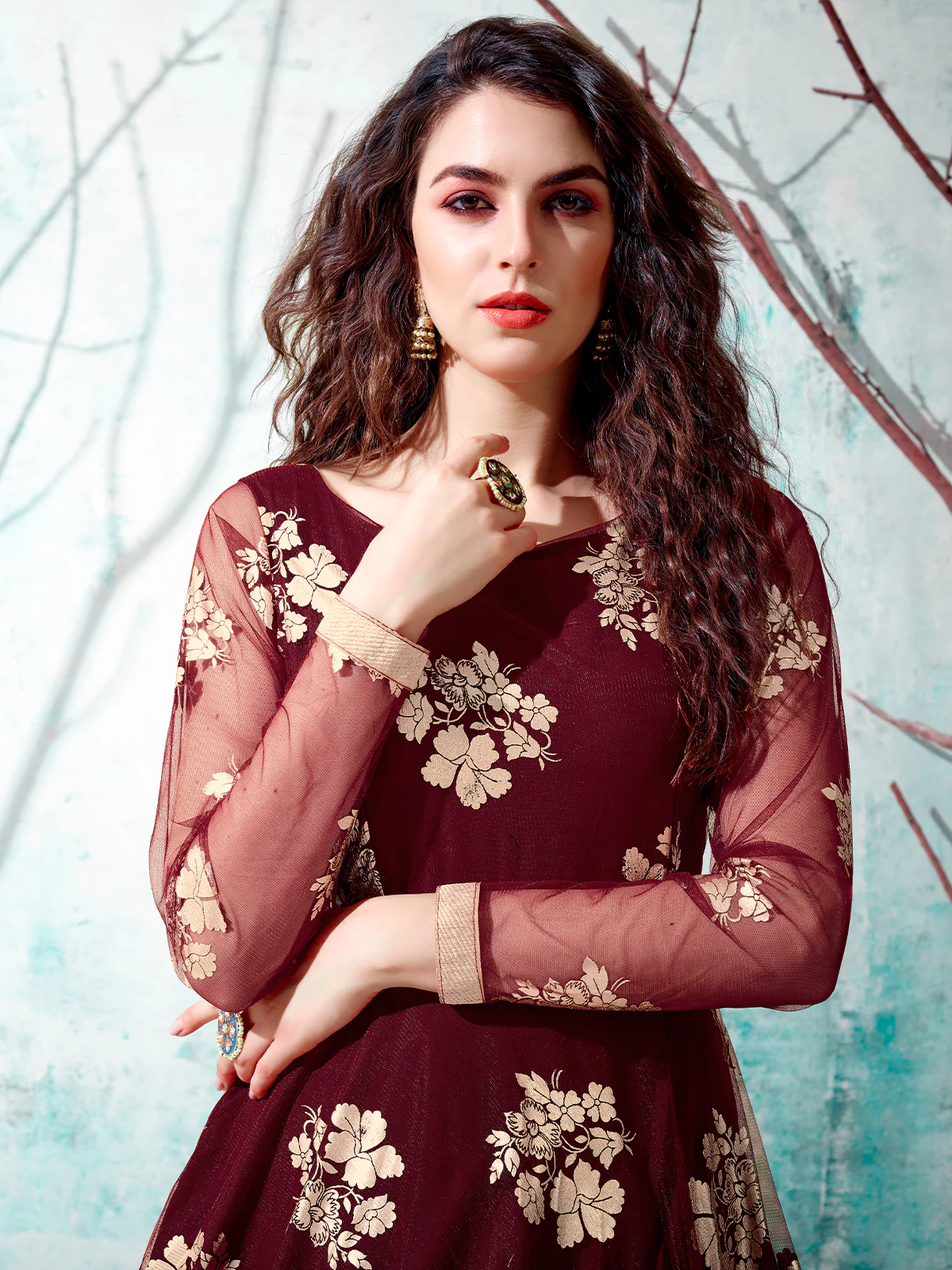 Odette Women Designer Maroon Net Semi Stitched Gown - Image 3