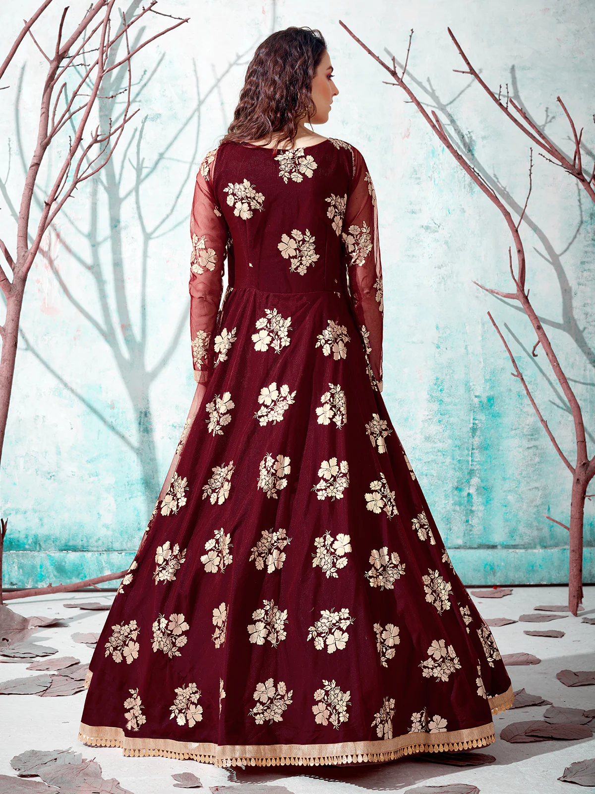 Odette Women Designer Maroon Net Semi Stitched Gown - Image 4