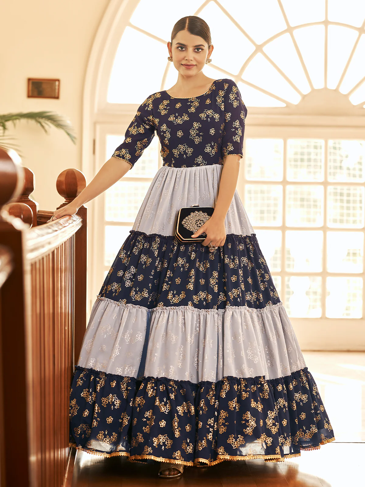 Odette Women Designer Multicolor Georgette Semi Stitched Gown