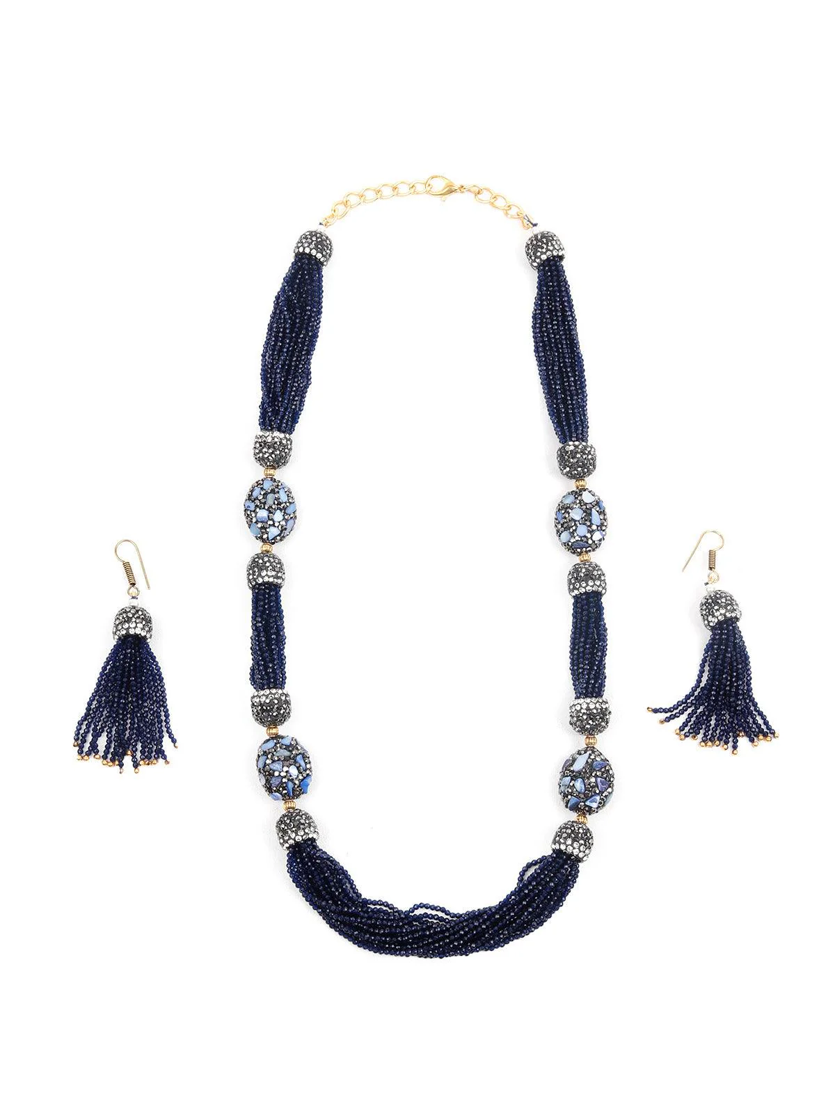 Odette Women Designer Navy Blue Beads And Stones Long Necklace Set - Image 6