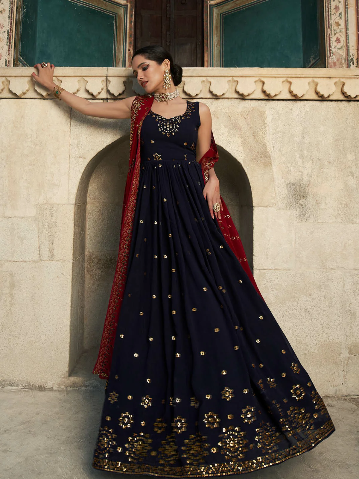 Odette Women Designer Dark Blue Georgette Semi Stitched Gown - Image 2