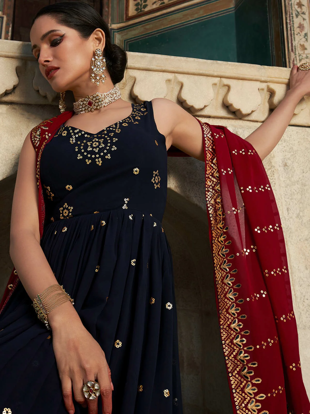 Odette Women Designer Dark Blue Georgette Semi Stitched Gown - Image 3