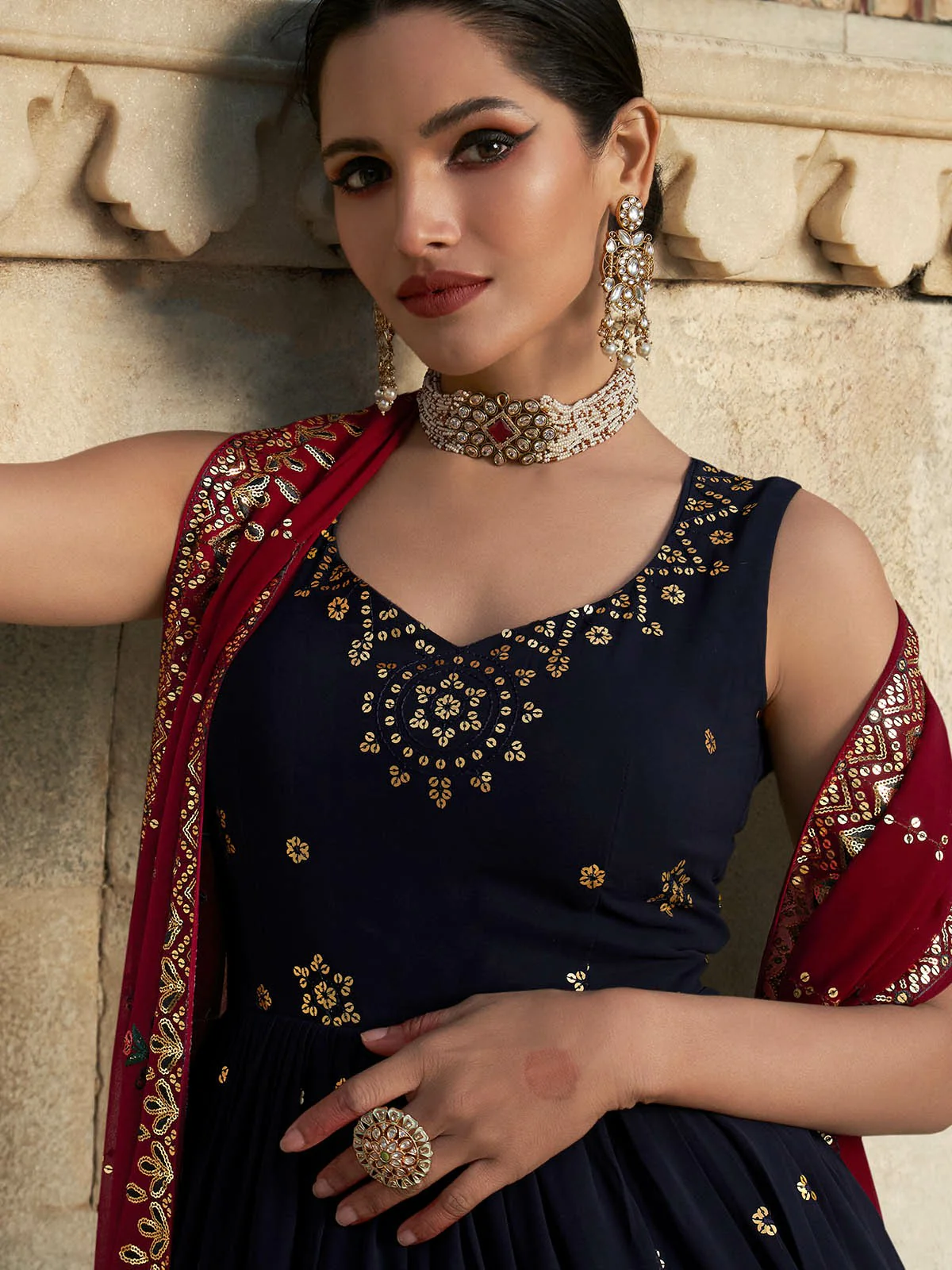 Odette Women Designer Dark Blue Georgette Semi Stitched Gown - Image 4