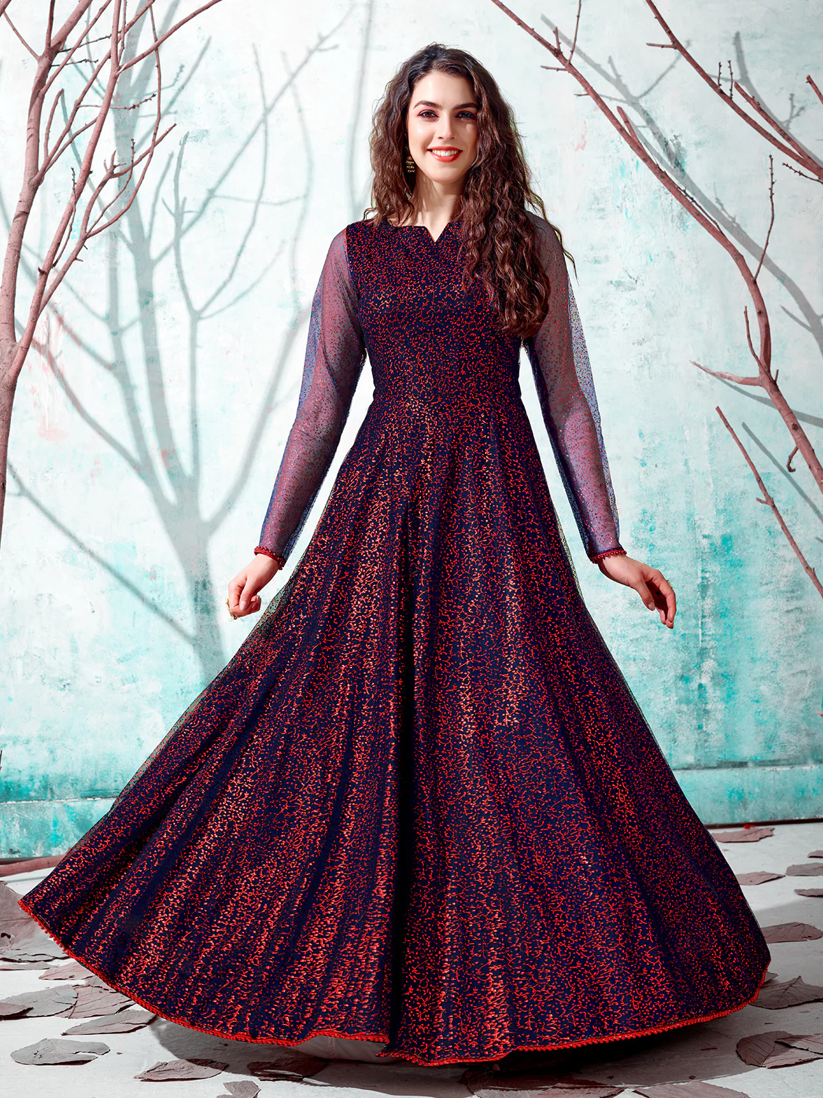 Odette Women Designer Dark Blue Net Semi Stitched Gown - Image 3