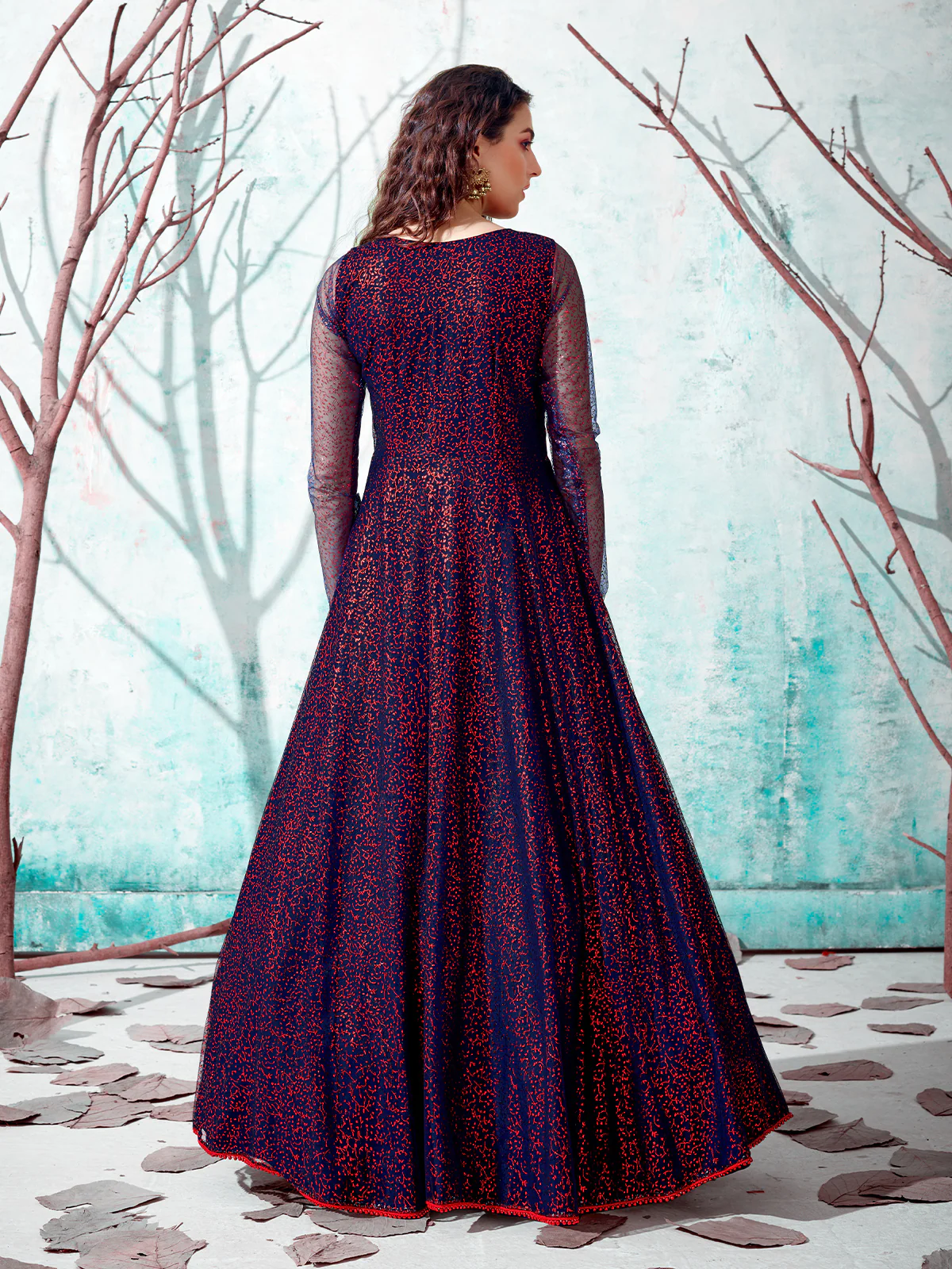 Odette Women Designer Dark Blue Net Semi Stitched Gown - Image 4