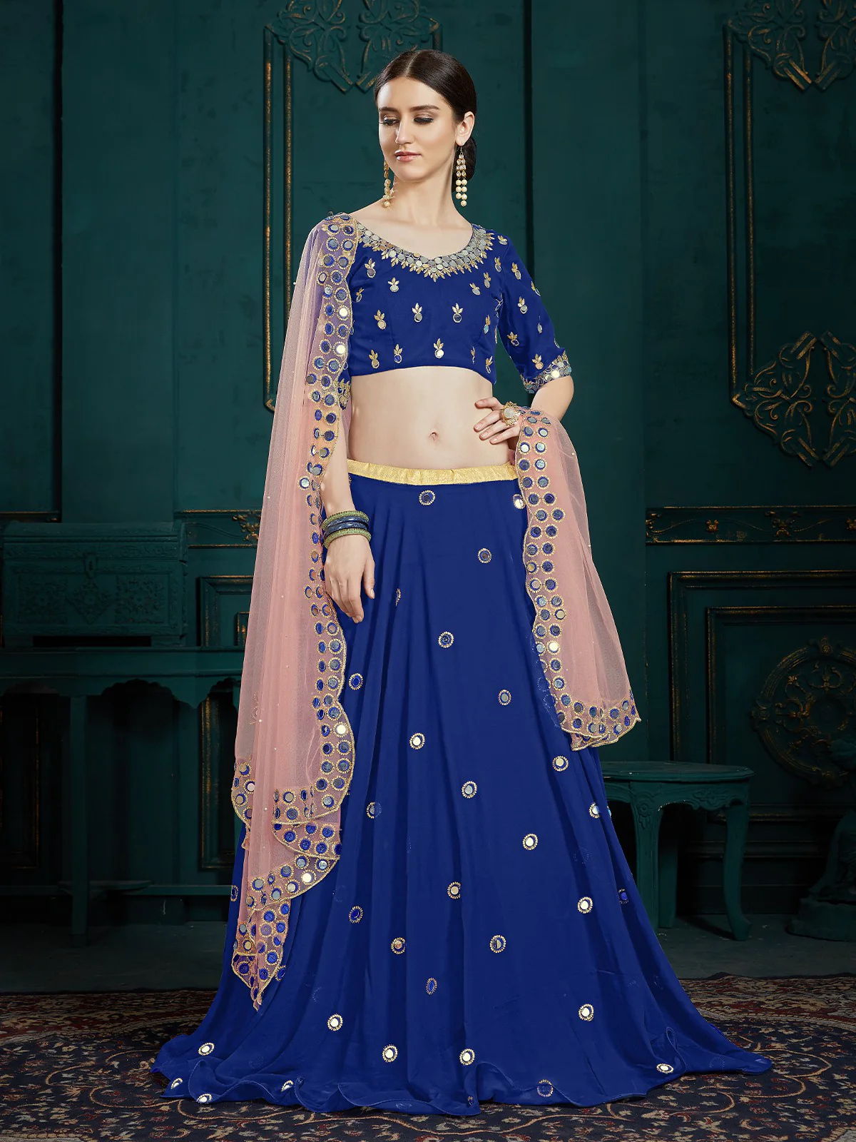 Odette Women Designer Dark Blue Sequins Semi Stitched Lehenga With Unstitched Blouse