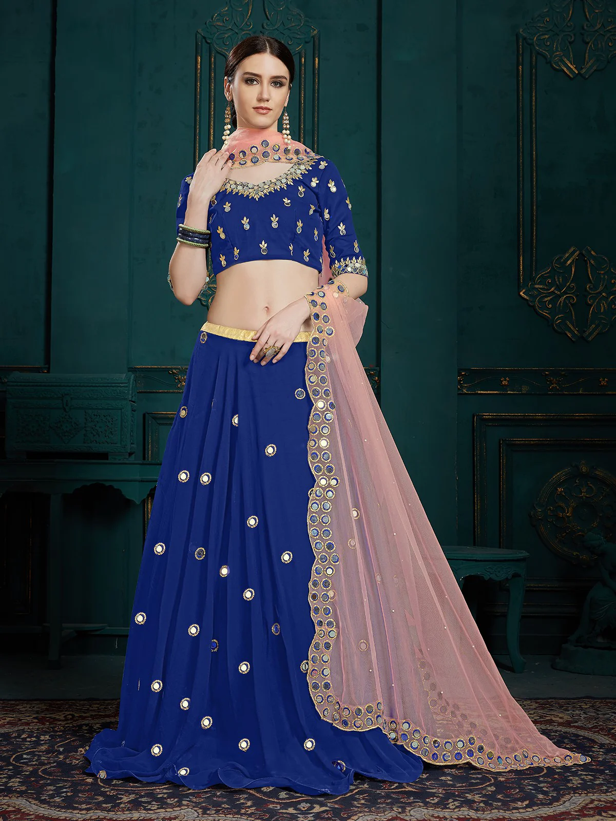 Odette Women Designer Dark Blue Sequins Semi Stitched Lehenga With Unstitched Blouse - Image 2