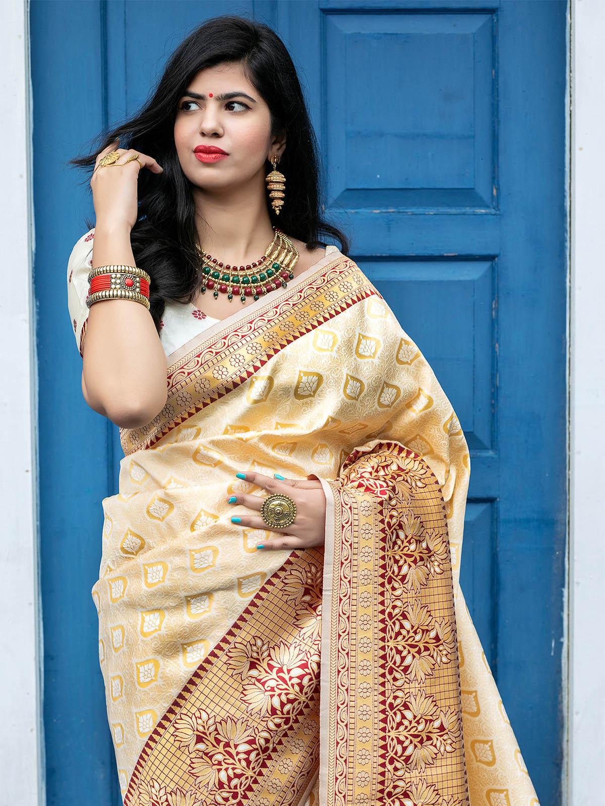 Odette Women Designer Apricot Banarasi Silk Saree With Unstitched Blouse - Image 2